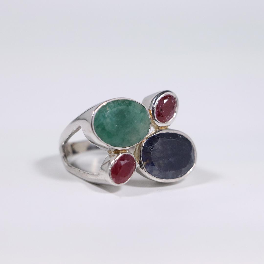 .925 Sterling Blue Sapphire Emeralds Rubies Ring Size 9 (1 of 5)
