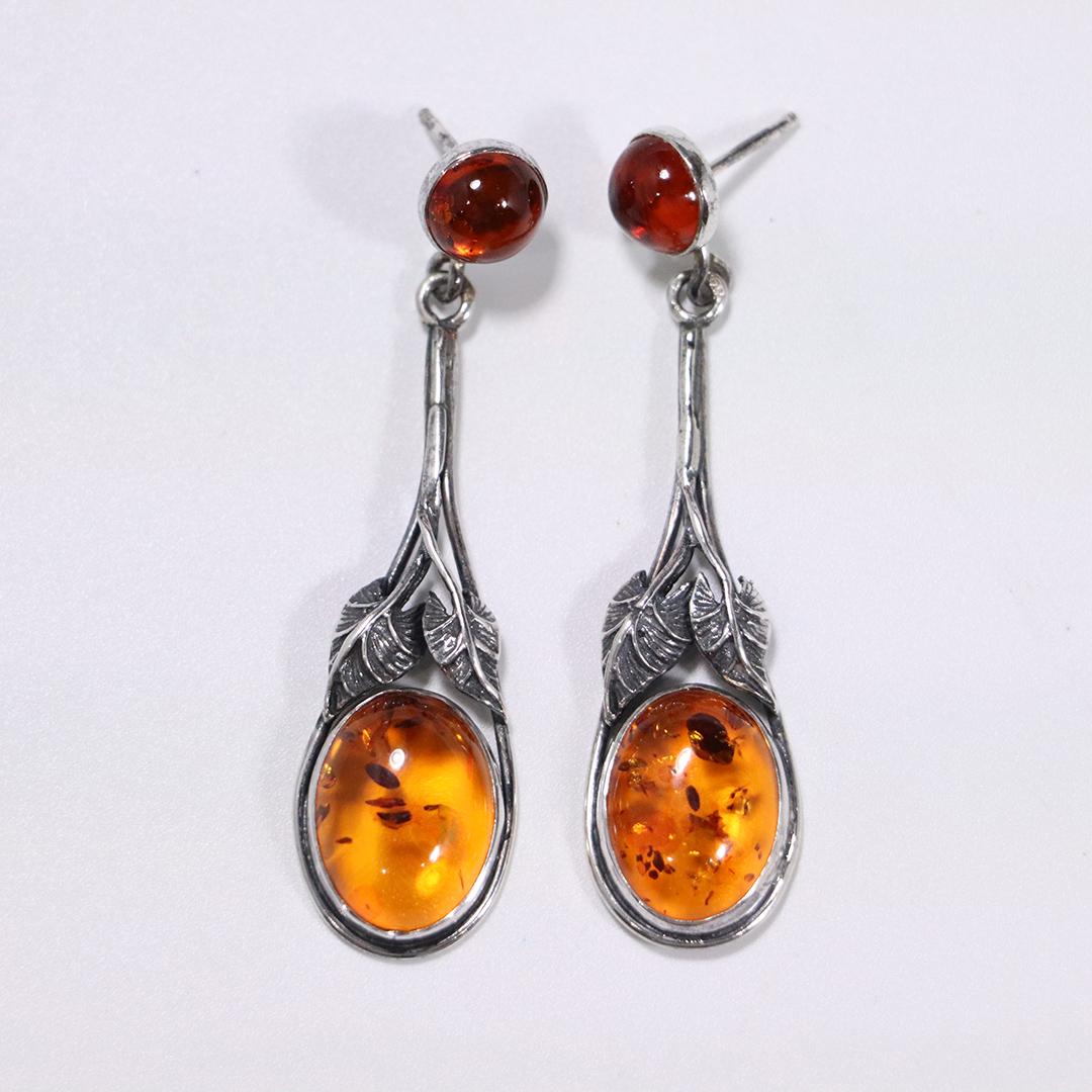 Sterling Silver and Amber Drop Earrings with Leaves (1 of 4)