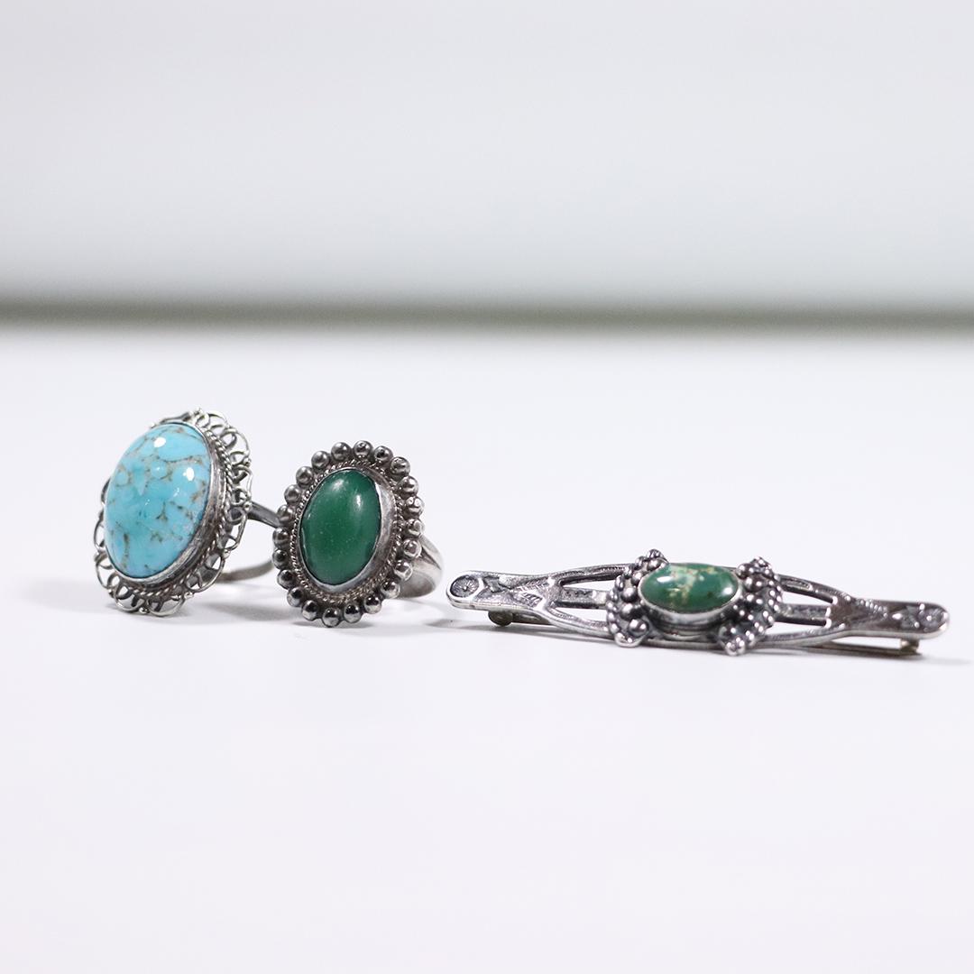 3 Pc. Assorted Sterling & Turquoise Rings, Bar Pin (1 of 7)