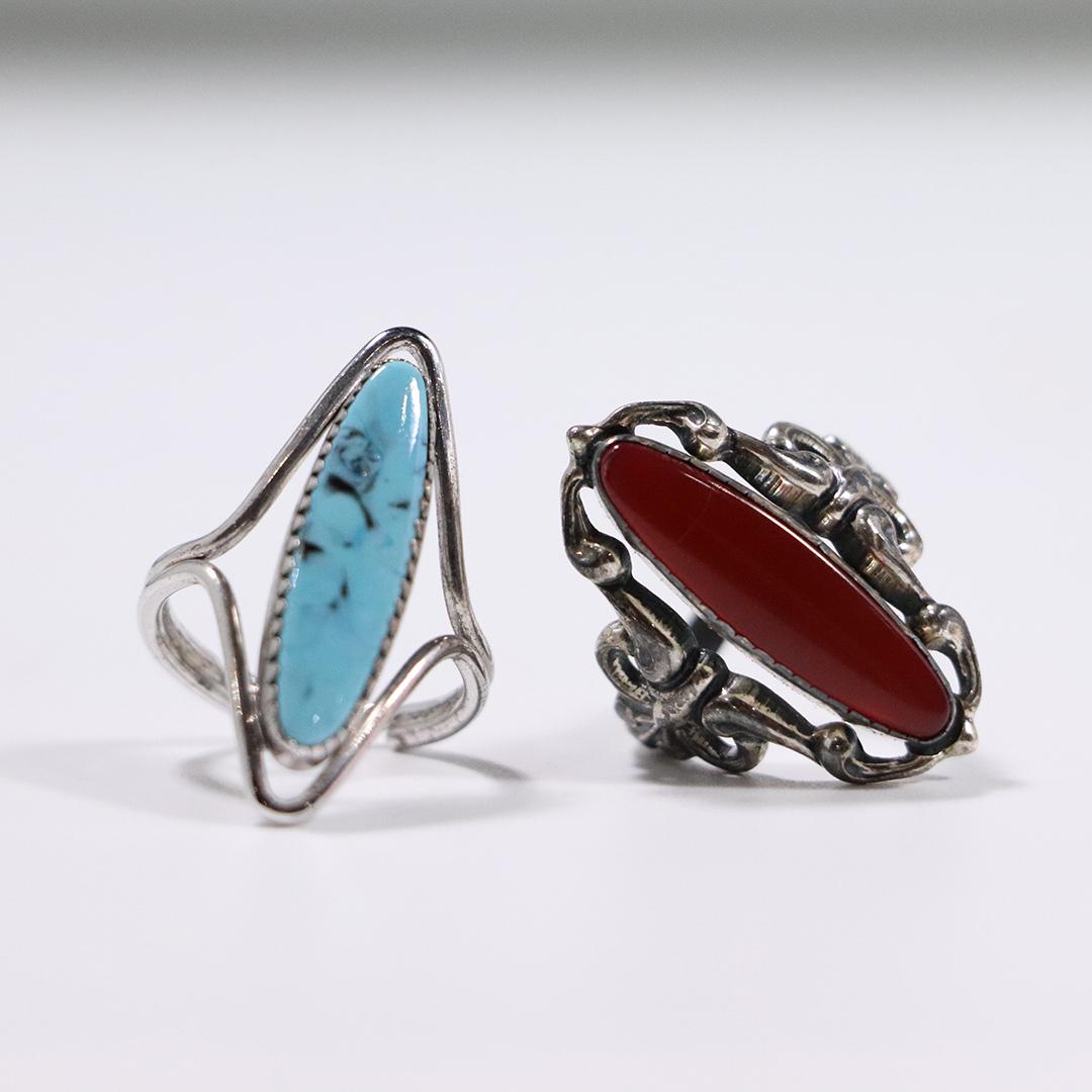 [2] Two Sterling Silver Rings, Carnelian , Turquoise: [2] Two Sterling Silver Rings, Carnelian , Turquoise. Ring size 6 turquoise; ring size 5.5 carnelian.
