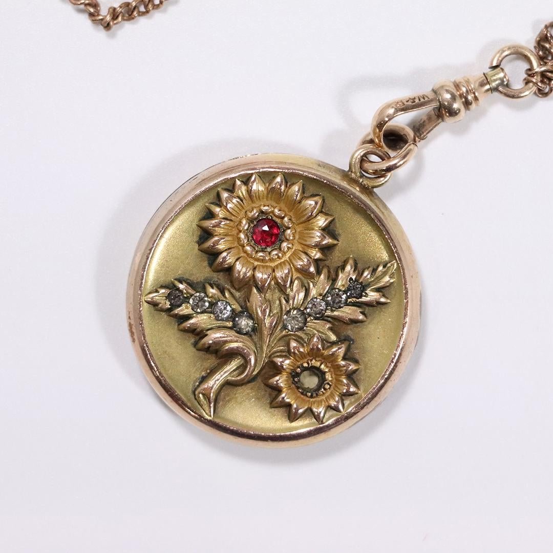 S & BL Co Gold Filled Locket with Ruby, 14K Locket Fob: S & BL Co Gold Filled Locket with Ruby, 14K Locket Fob [fob tests 14K, not chain], Size: 1.25 in. diameter; chain is 48 in. length