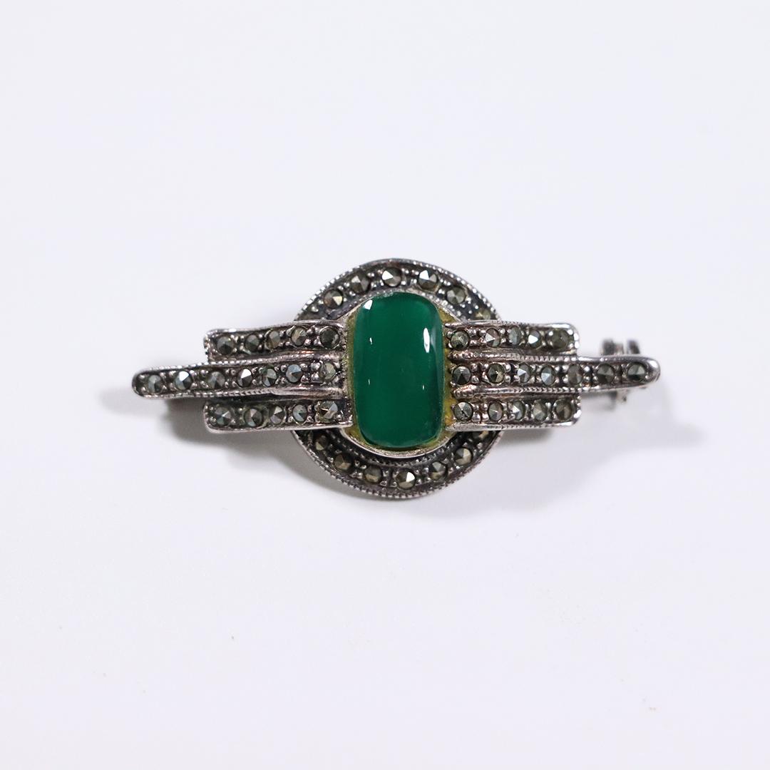 .925 Sterling Silver, Jade, Marcasites Art Deco Brooch (1 of 5)