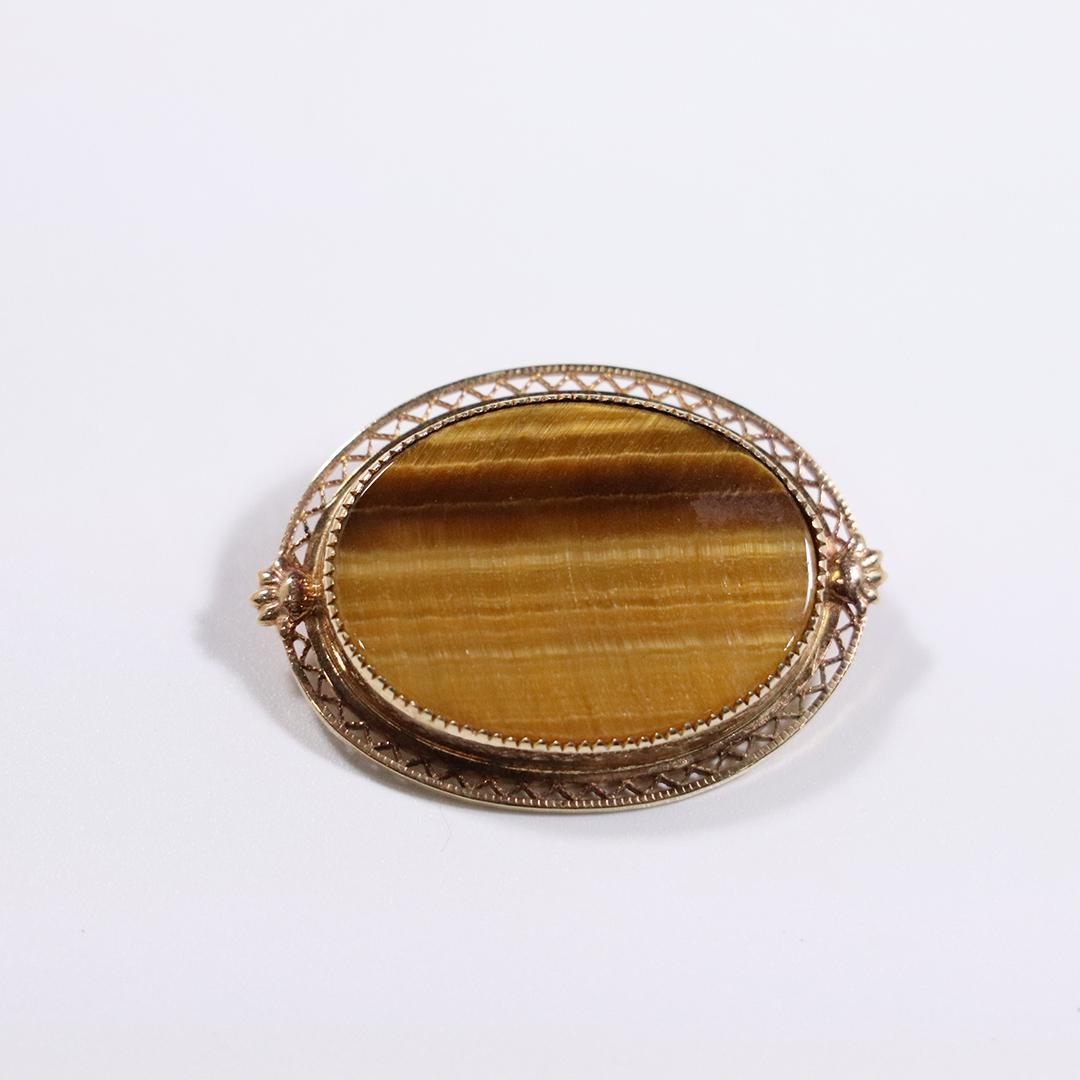 12 K Gold Filled Tiger's Eye Brooch marked: R. Inc. (1 of 3)