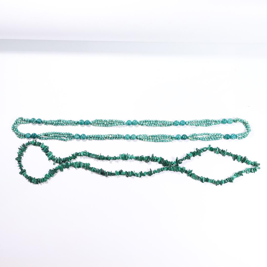 [2] Malachite Necklace & Green Glass Beads Necklace: [2] Malachite Necklace & Green Glass Beads Necklace. Size: malachite 36 in. length; green beads 32 in. length