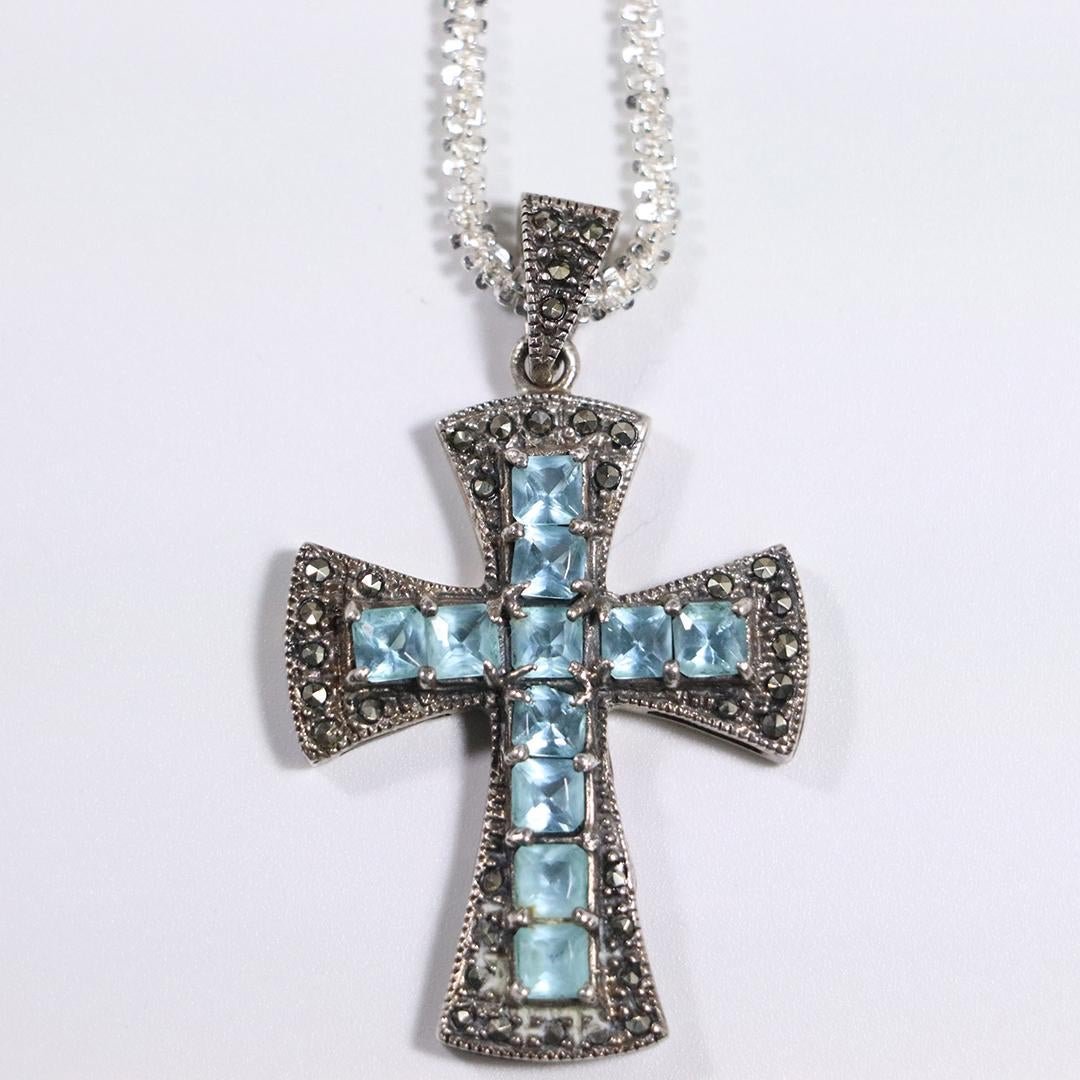925 Sterling Silver Religious Cross Blue Topaz Necklace (1 of 6)