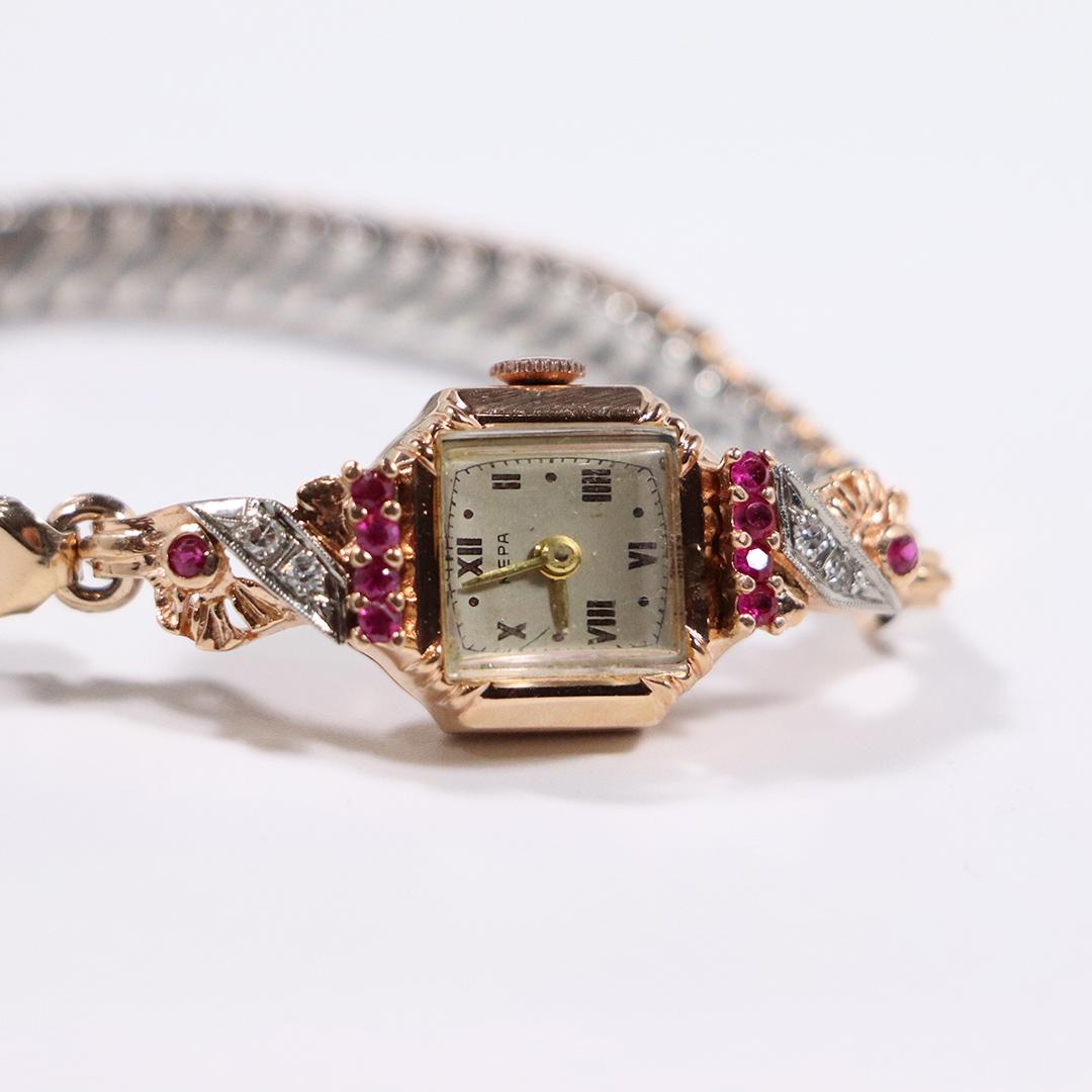 14 K Rose Gold Rubies Diamonds Mepa Ladies Wrist Watch (1 of 4)