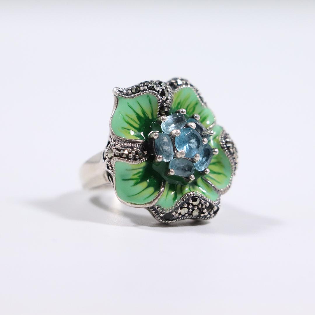 Sterling, Enameled, Marcasites, Blue Topaz  Flower Ring (1 of 5)