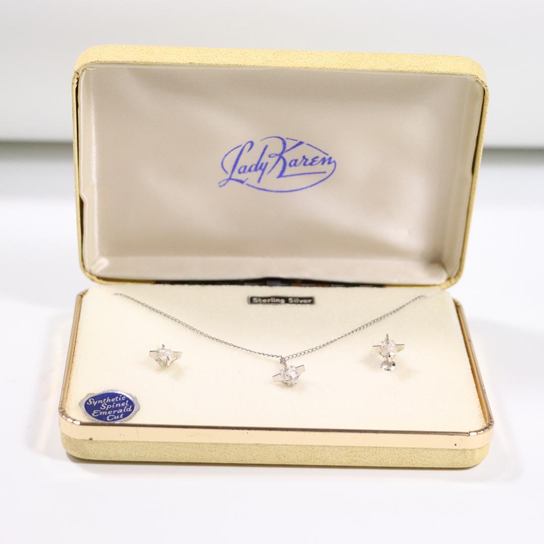 Lady Karen Vintage Sterling & Spinel Necklace Earrings: Lady Karen Vintage Sterling & Spinel Necklace and Earrings Set. Signed: Sterling Marvel ; size: necklace 16 in. length x 5/.8 in. ; earrings 5/8 in.
