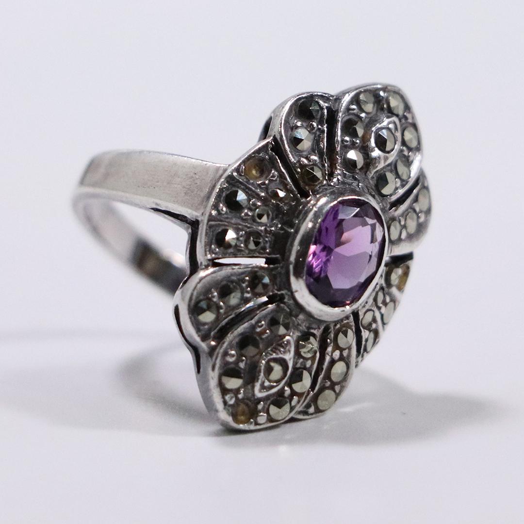 Sterling Silver, Marcasites and Amethyst Ring Size 7: Sterling Silver, Marcasites and Amethyst Ring Size 7 ; size: 1 in. x 5/8 in.