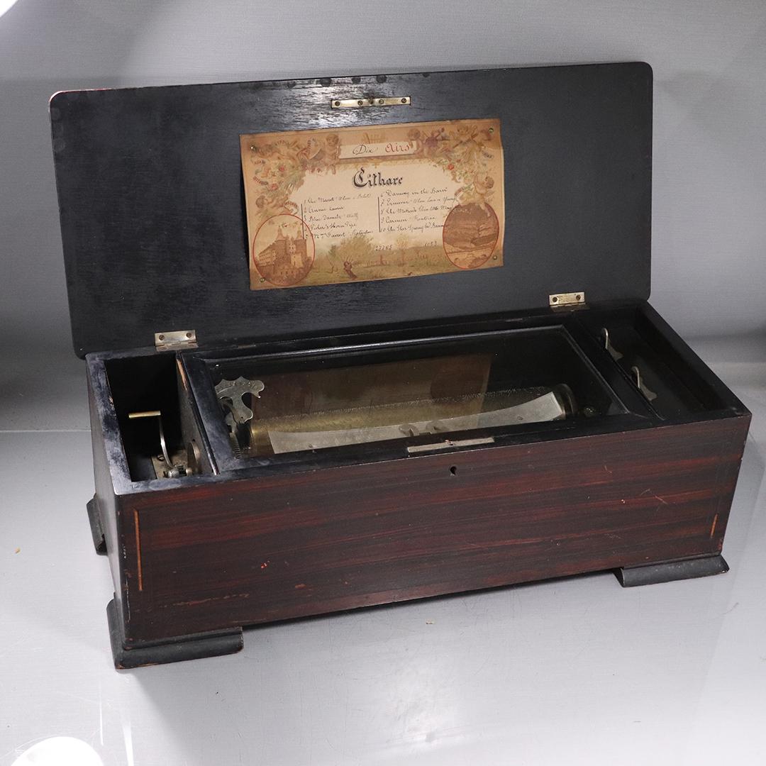 Antique Swiss Music Box, 10 Tunes, Inlaid Cover: Antique Swiss Music Box, 10 Tunes, Inlaid Cover. size: 7h x 21L x 8.5w