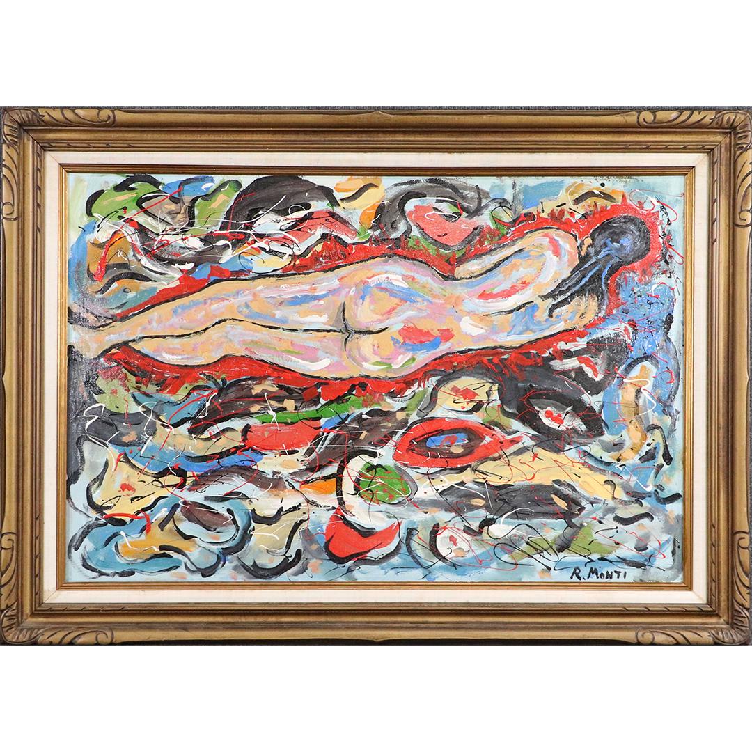 R Monti, Mid-Century Abstract O/c Reclining Nude Woman: R Monti, Mid-Century Abstract O/c Reclining Nude Woman. Oil on canvas painting, Signed, Framed. Popular Philadelphia Area Artist. size: 24x36 image, 31x43 outside frame