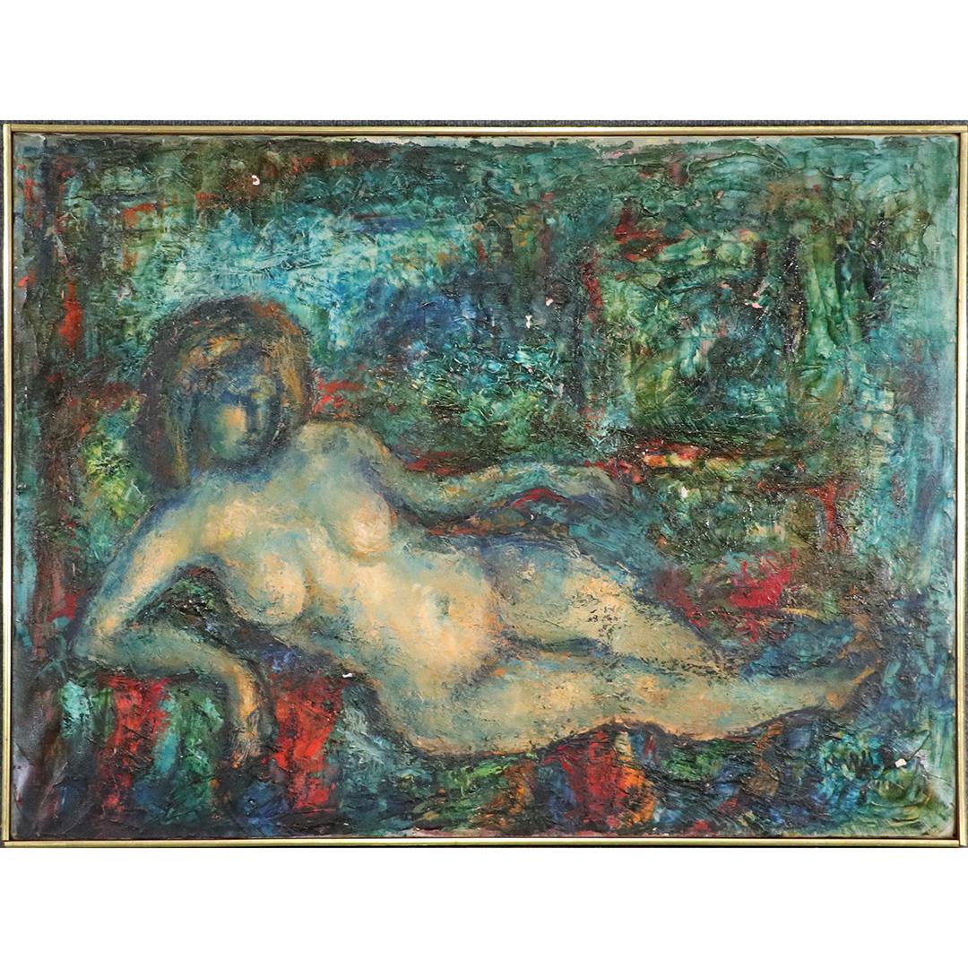 Marie Wilner, American, Oil/b Reclining Nude Abstract: Marie Wilner, American, Oil/b Reclining Nude Abstract. Oil on board painting, Signed, Framed, Gallery label on verso. Well listed American Artist. size: 30x40 image, 31x41 outside frame. ASKart: Marie