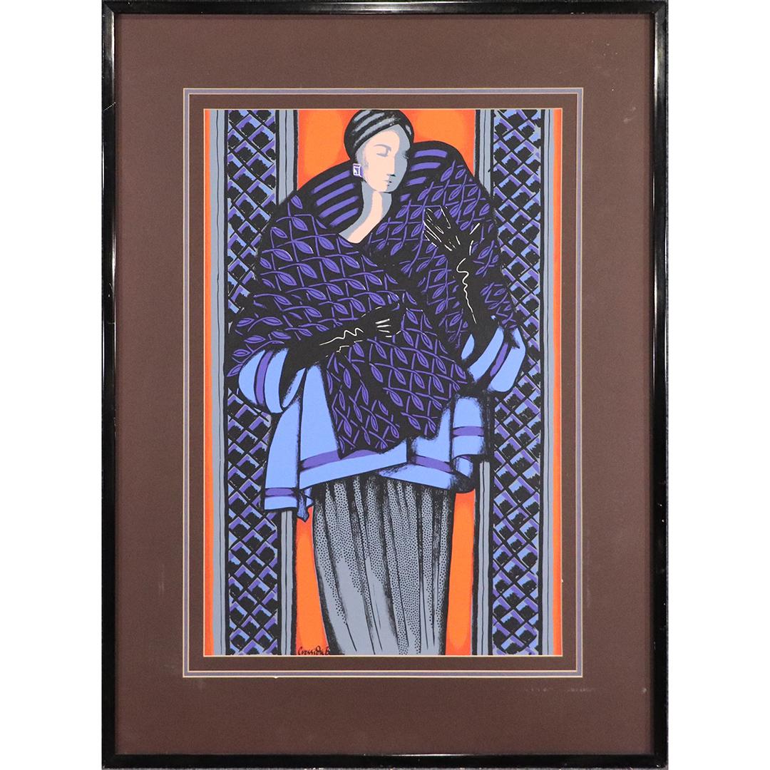 Cressida Bell, Gouache on board Art Deco Woman Standing: Cressida Bell, Gouache on board Art Deco Woman Standing. Signed. Original Frame. size: 27.5x18 image, 38.25x28.25 outside frame. ASKart: Cressida Bell (Born 1959) is known for Painting