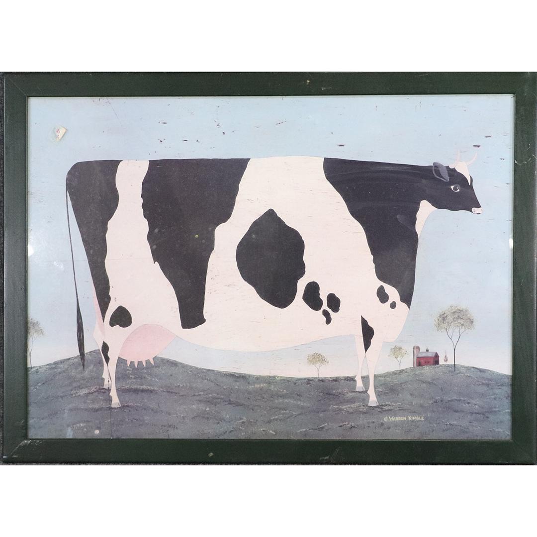 Warren Kimble, Print, Folk Art Cow, Signed in Plate: Warren Kimble, Print, Folk Art Cow, Signed in plate. Original Framing. size: 20x28 image, 22.5x30.25 outside frame. ASKart: Warren Kimble is active/lives in Vermont.