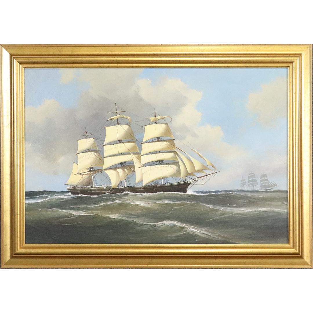 Antonio Blue-Jackal, Fine Oil Painting Full Sail Ship: Antonio Blue-Jackal, Fine Oil Painting Full Sail Clipper Ship. Signed, framed, Vintage. size: 23.5x35.5 image, 30x42 outside frame