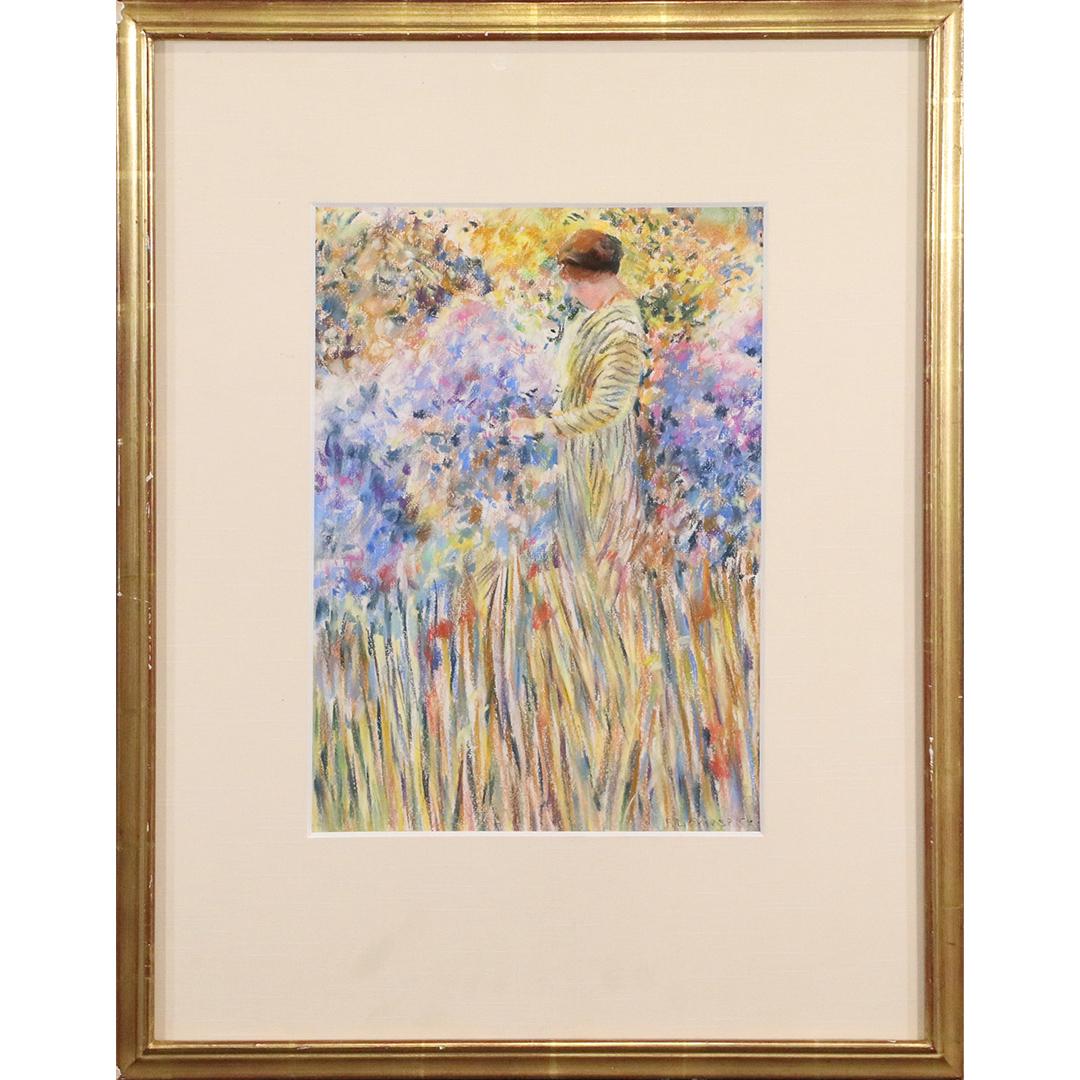 Frederick Carl Frieseke; Mixed Media on Paper Signed: Mixed media on paper. Woman in a Garden. Signed lower right; 15in. X 11in.(image), 25.5in. X 20.5in.(outside frame)