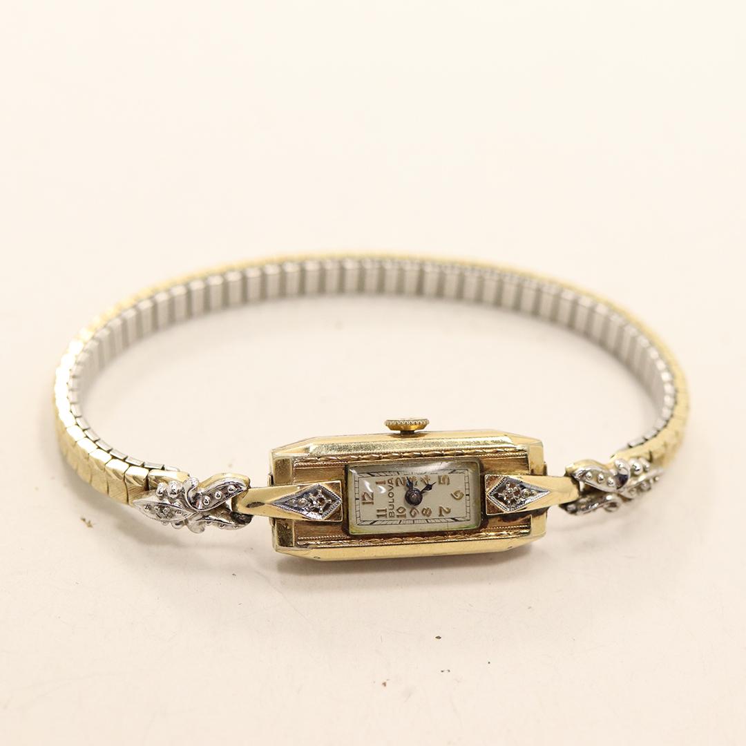 BULOVA 1930 Art Deco 10K GF with Diamonds Ladies Watch: BULOVA 1930s Art Deco 10K Gold Filled Diamonds Ladies Wristwatch in box case. Size box: 5.25 in. x 3.25 in. x 1.5 in.