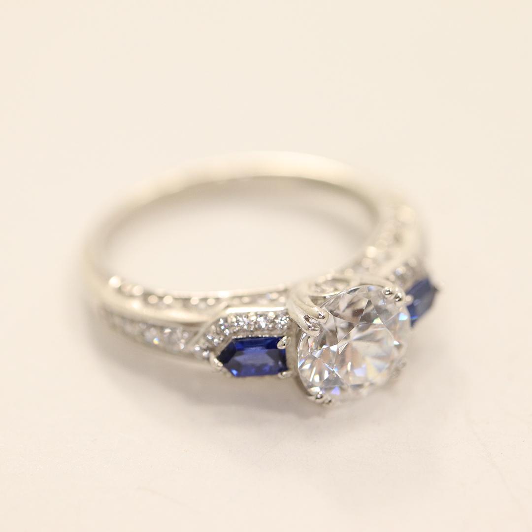 .925 Sterling Silver Engagement Ring CZ & Blue Sapphire (1 of 6)