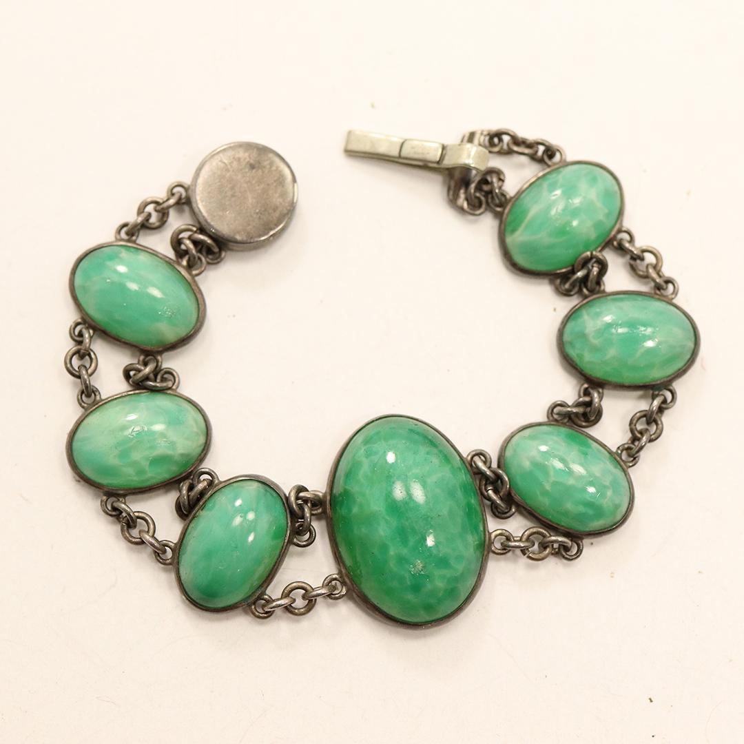marked Solid Silver with Green Jade Stones Bracelet (1 of 5)