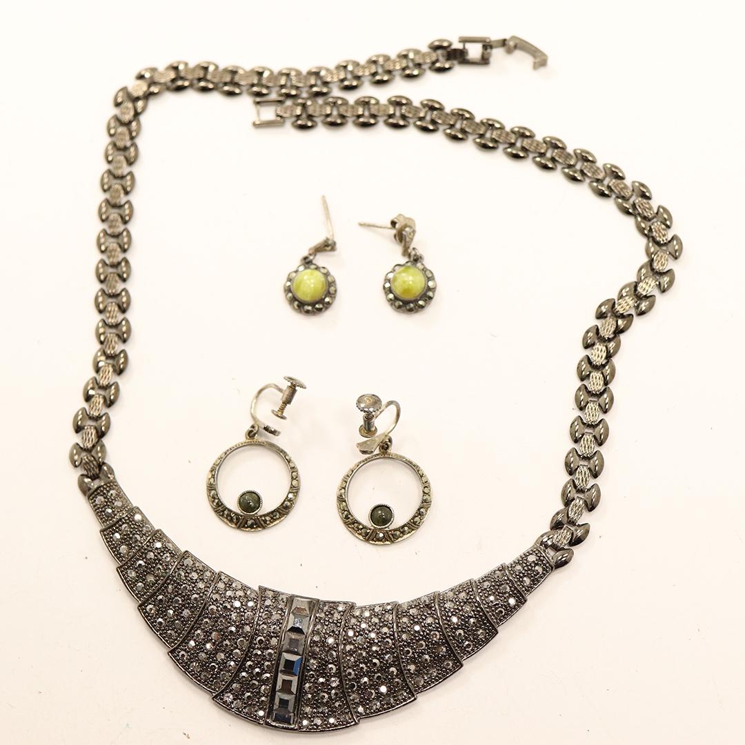 2 Pairs Silver Earrings .900 & .800 with Marcasites and: 2 Pairs Silver Earrings .900 & .800 with Marcasites and Art Deco Style Costume Necklace with Marcasites. The .900 has marcasites, screw backs, size 1.25 in. x 3/4 in. ; other is pierced earrings marke