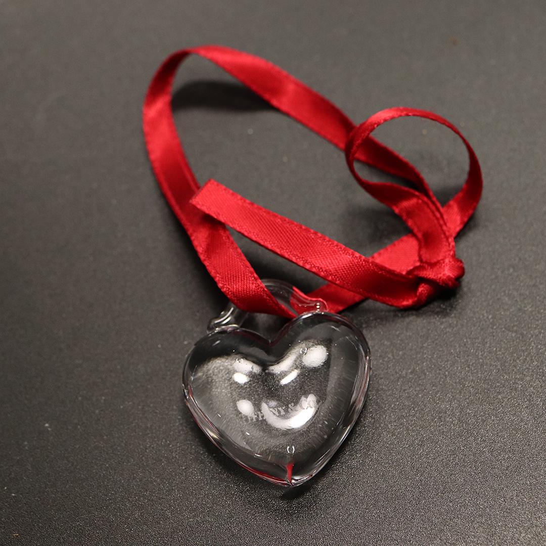 TIFFANY & CO Crystal Glass Heart Pendant with Box: TIFFANY & CO Crystal Glass Heart Pendant with Box and Pouch. Pendant size: 1 3/4 in. x 1 5/8 in.