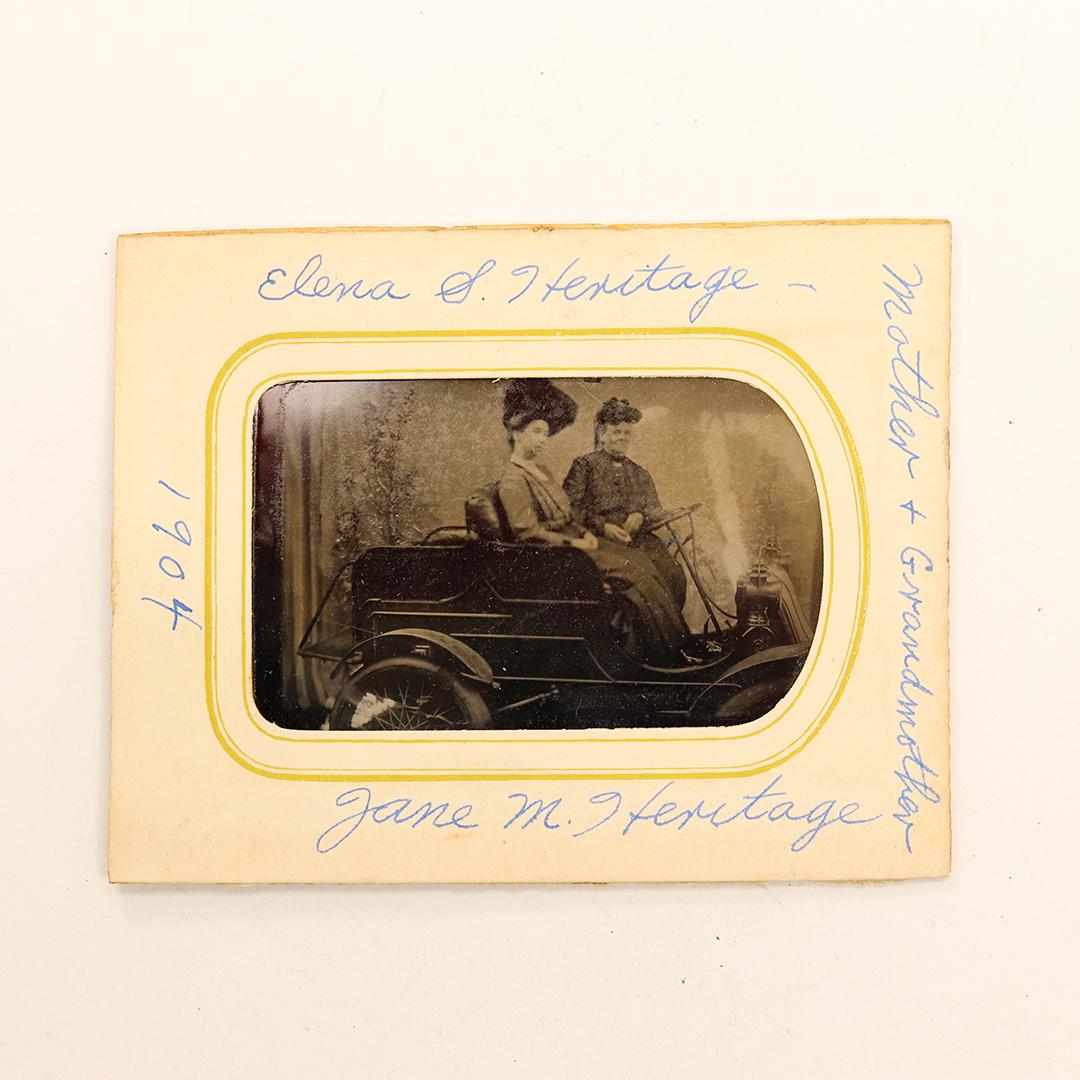 1904 Tin Type Photograph Mother Grandmother, Automobile: 1904 Tin Type Photograph Mother Grandmother, Automobile. Dated: 1904 , Edna S Heritage & Jane M Heritage. Size: tin type 3.25 in. x 2 in. ; outer holder 3.75 in. x 4.75 in.