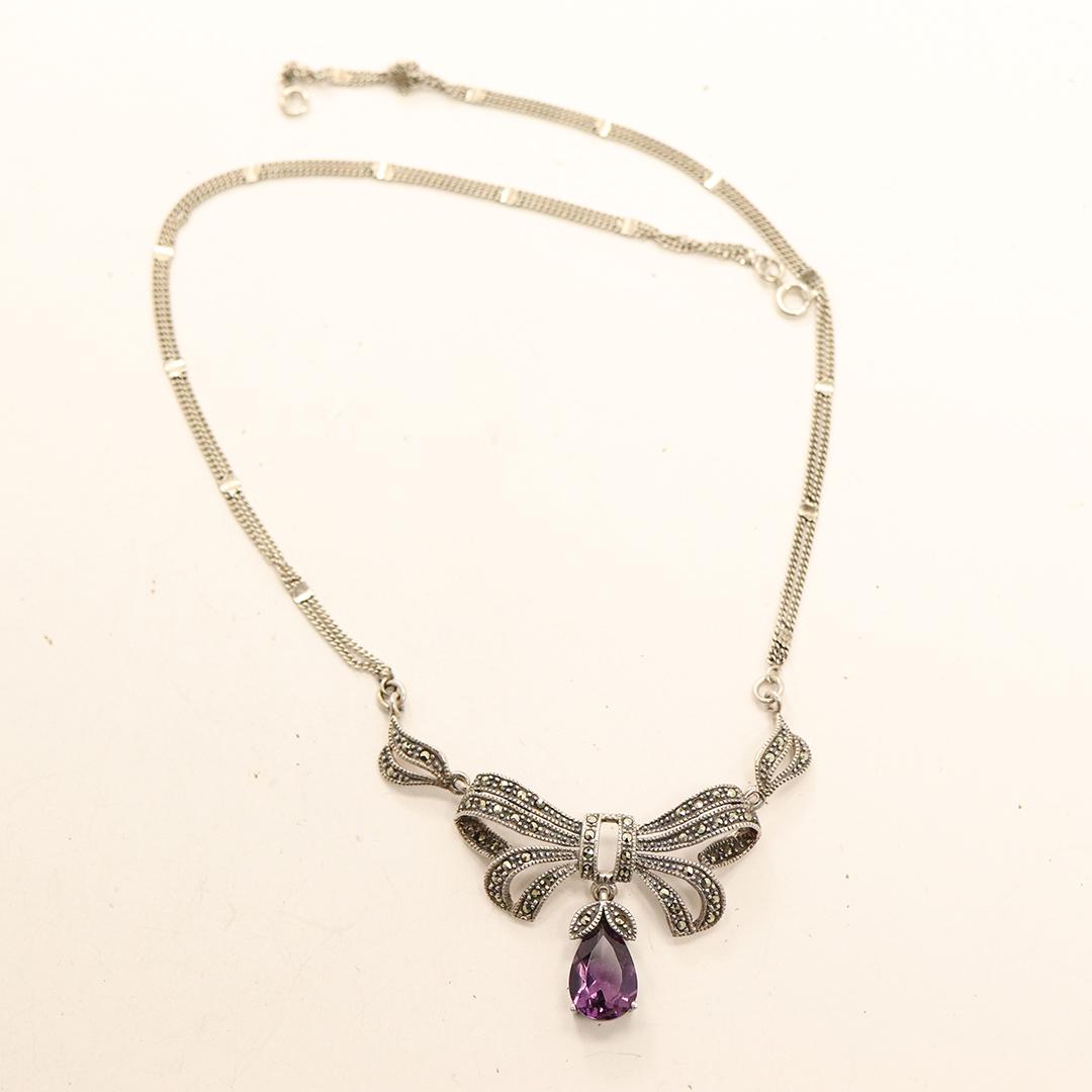 .925 Sterling, Marcasites, Purple Amethyst Necklace: .925 Sterling, Marcasites, Purple Amethyst Necklace. marked: .925 ; Size: pendant 2 in. x 1.75 ; chain 16 in. length