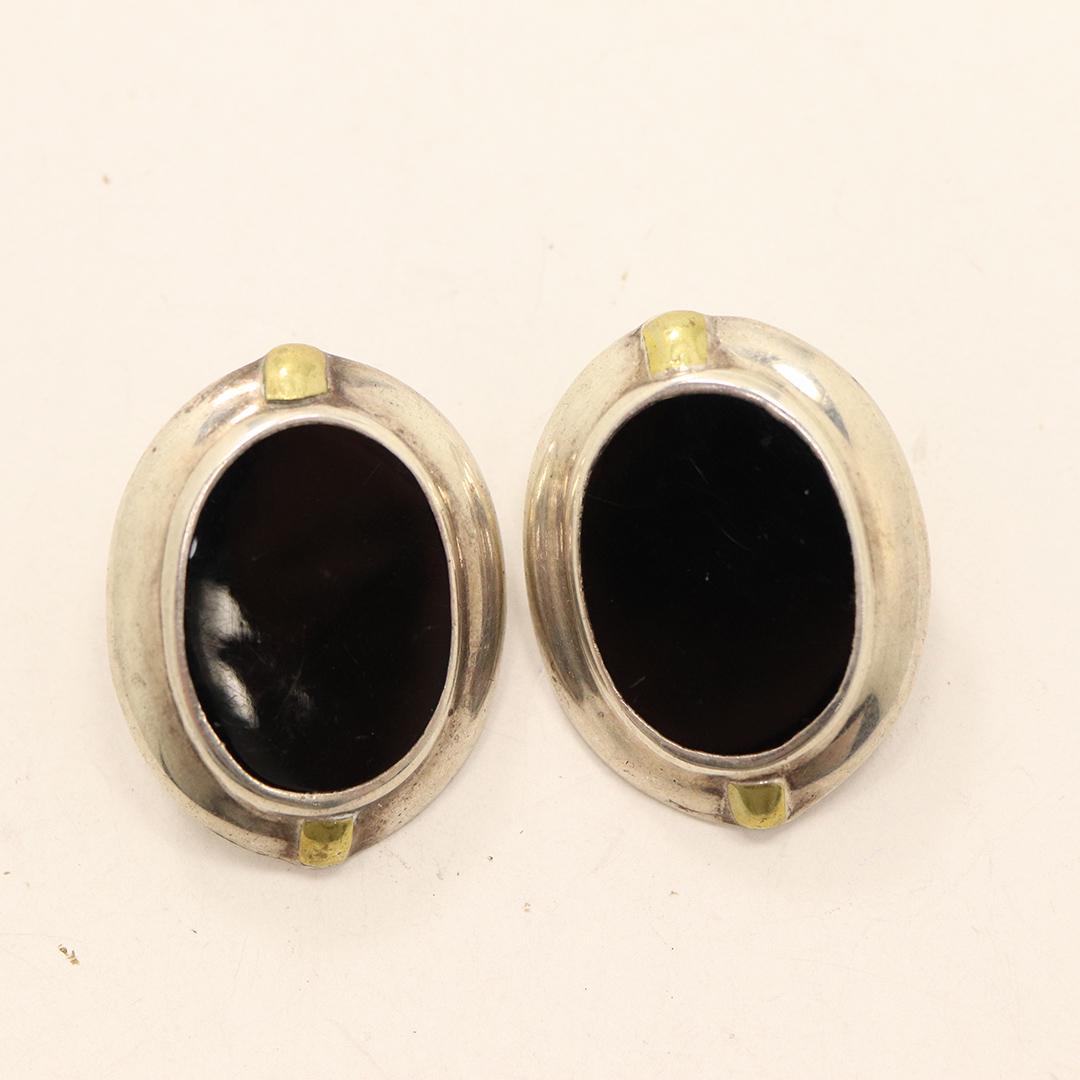 .925 Sterling Silver Mexico Earrings Black Onyx ,Gold (1 of 5)