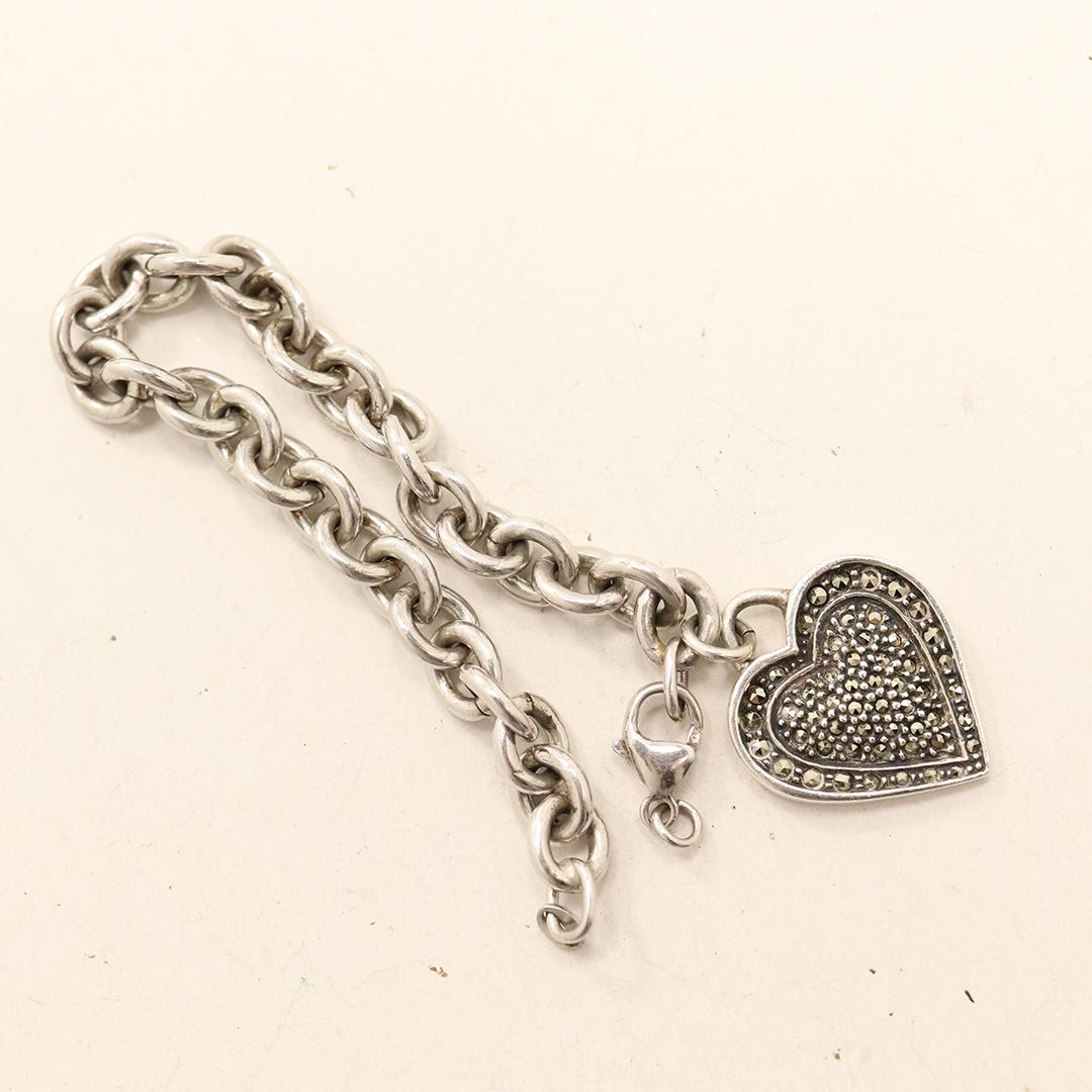 Sterling Silver Bracelet , Heart Charm with Marcasites: Sterling Silver Bracelet , Heart Charm with Marcasites. size: bracelet 7 in. x 1/4 in. ; Heart charm 7/8 in. x 1 in.