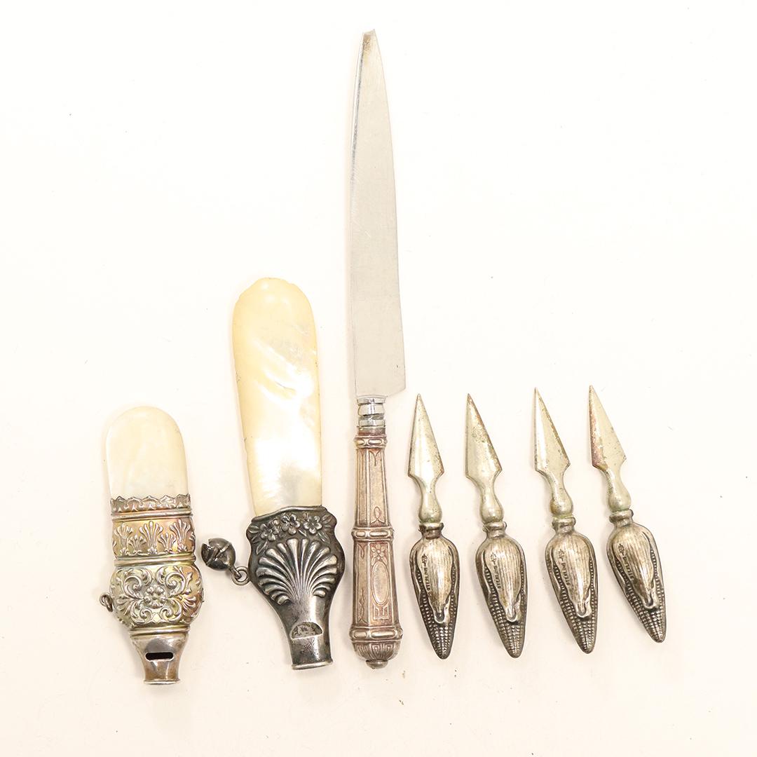 7 Pc. Grouping Sterling Handles 4 Corn Holders, Knife, (1 of 8)