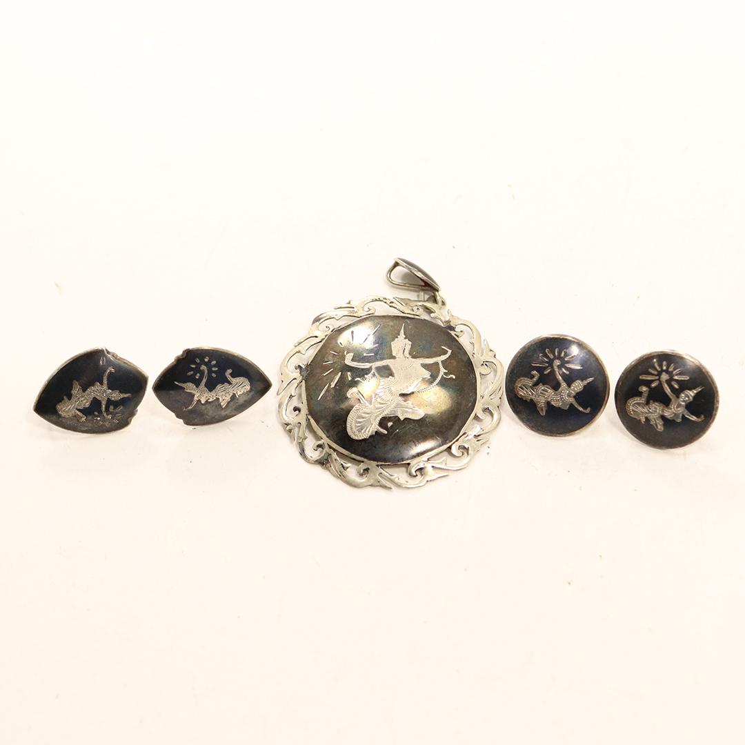 Sterling Silver Siam 2 Pair Earrings and Large Pendant (1 of 9)