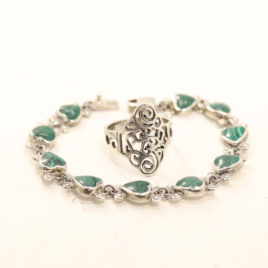 .925 Sterling Malachite Hearts Bracelet & .925 Ring (1 of 5)