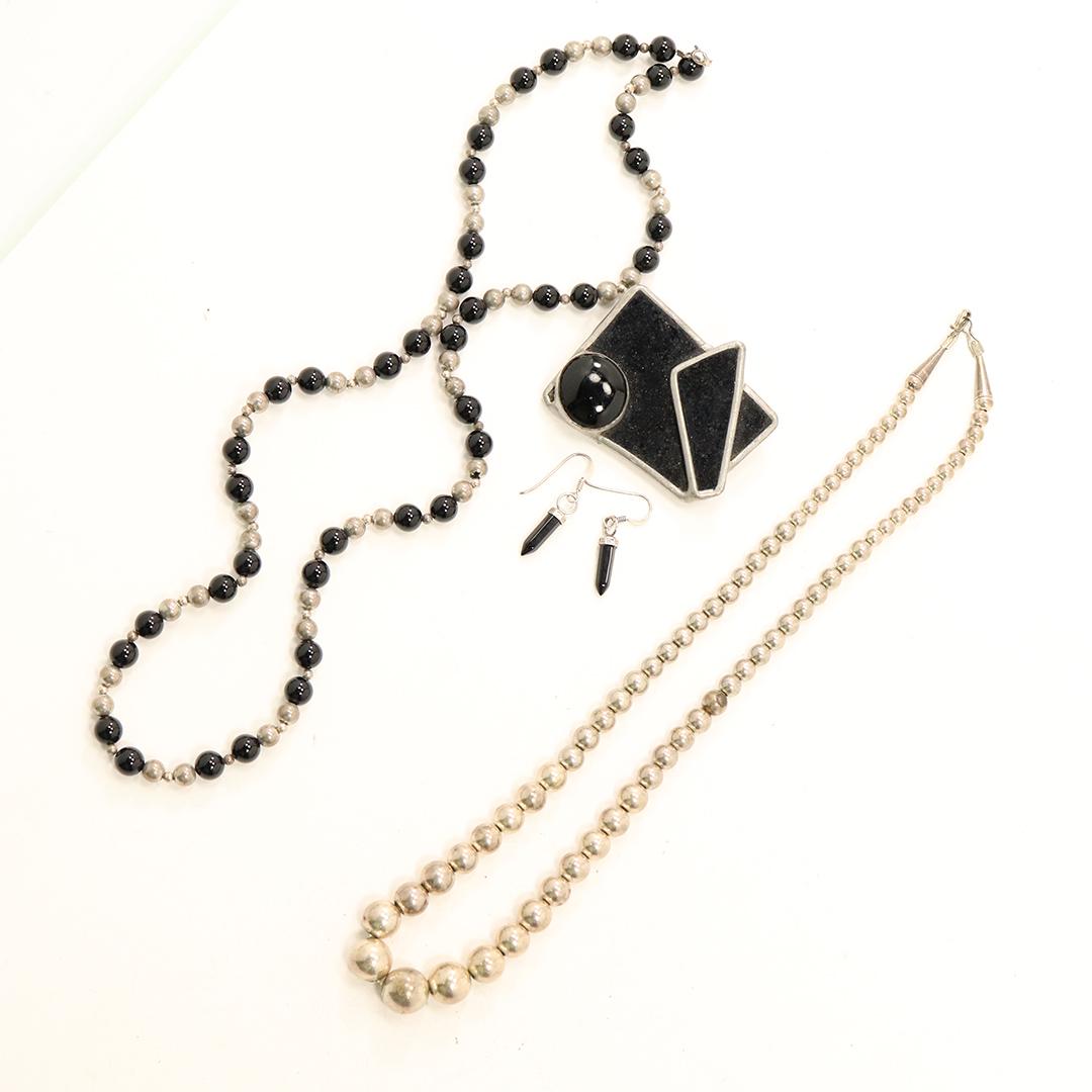 [4] Sterling Bead Necklace, Black Onyx Pendant Earrings (1 of 8)