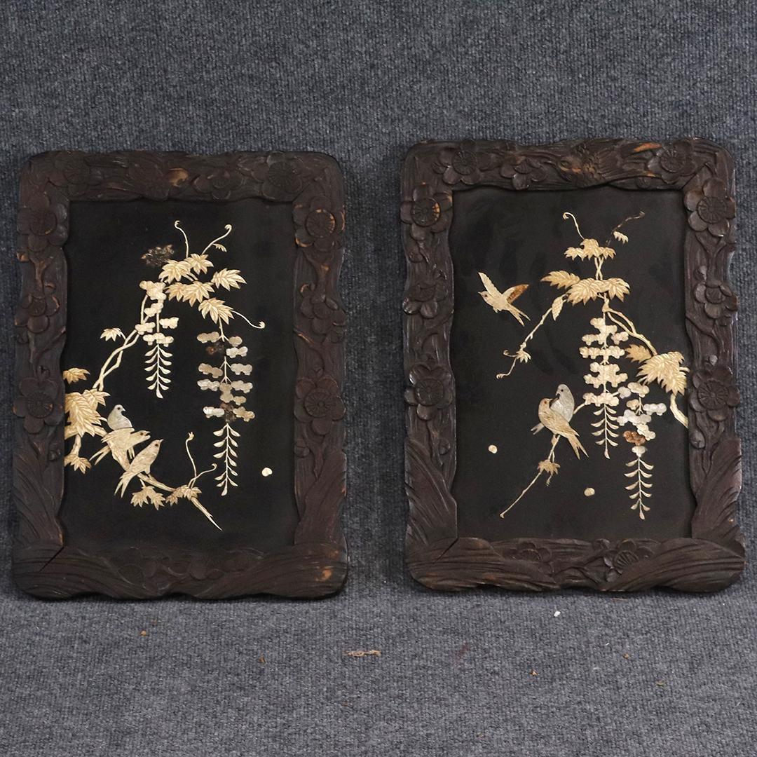 2 Oriental Teak Wood Plaques Hardstone Birds & Flowers (1 of 9)