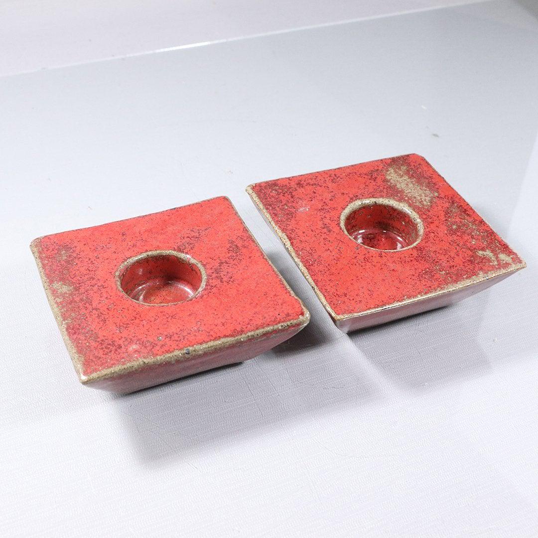 Pair Mid Century Modern Red Glaze Square Candlesticks (1 of 6)