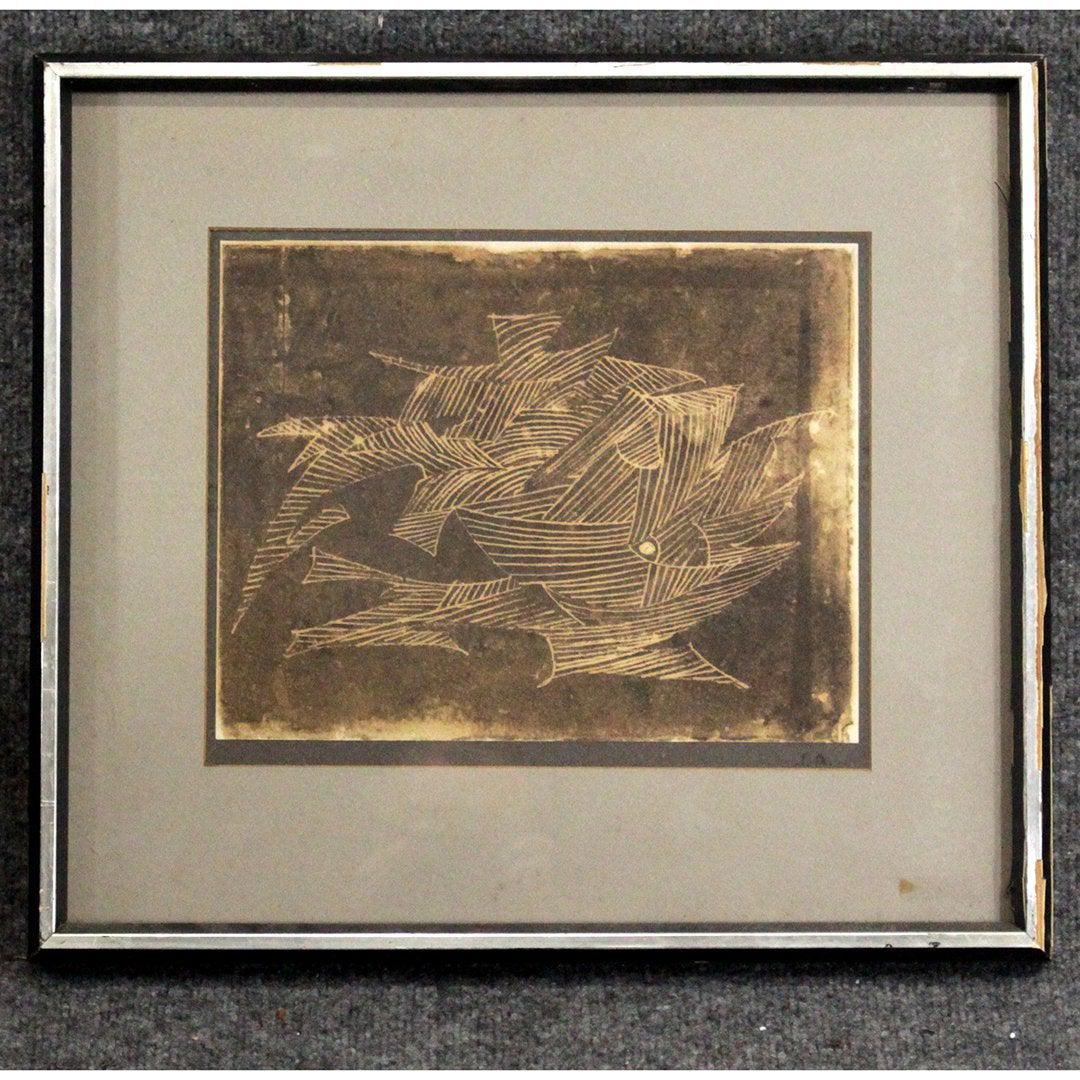 Mid-Century Modern Woodblock Print, Abstract Signed SM (1 of 7)