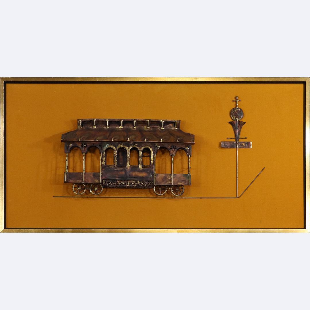 Mid-Century San Francisco Trolley Metal Wall Hanging: Mid-Century San Francisco Trolley Metal Wall Hanging. size: 25.25x49.25 outside frame