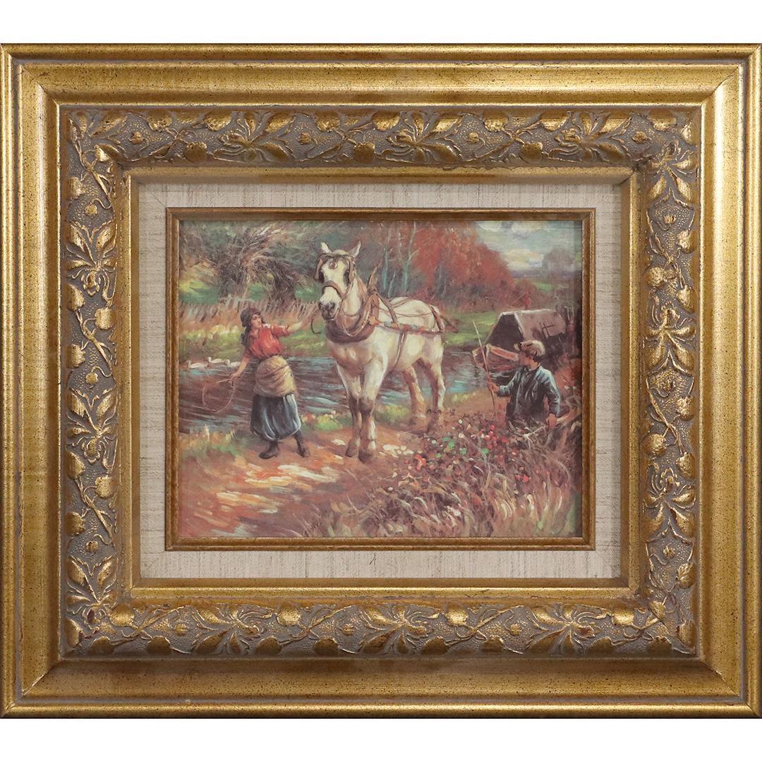 Painting on Porcelain Plaque Woman Boy, Horse at Stream (1 of 5)