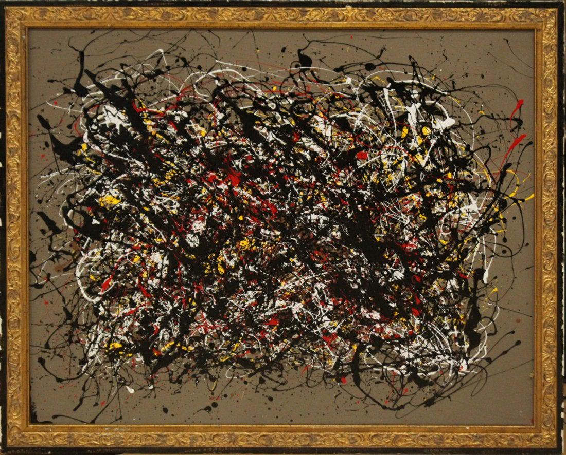Jackson Pollock Style Mid-Century Drip Art Oil Painting: Jackson Pollock Style Mid-Century Drip Art Oil Painting. Large size, oil on board painting, nice quality, framed, unsigned. Size: 31 x 38 , outside of frame: 35 x 42