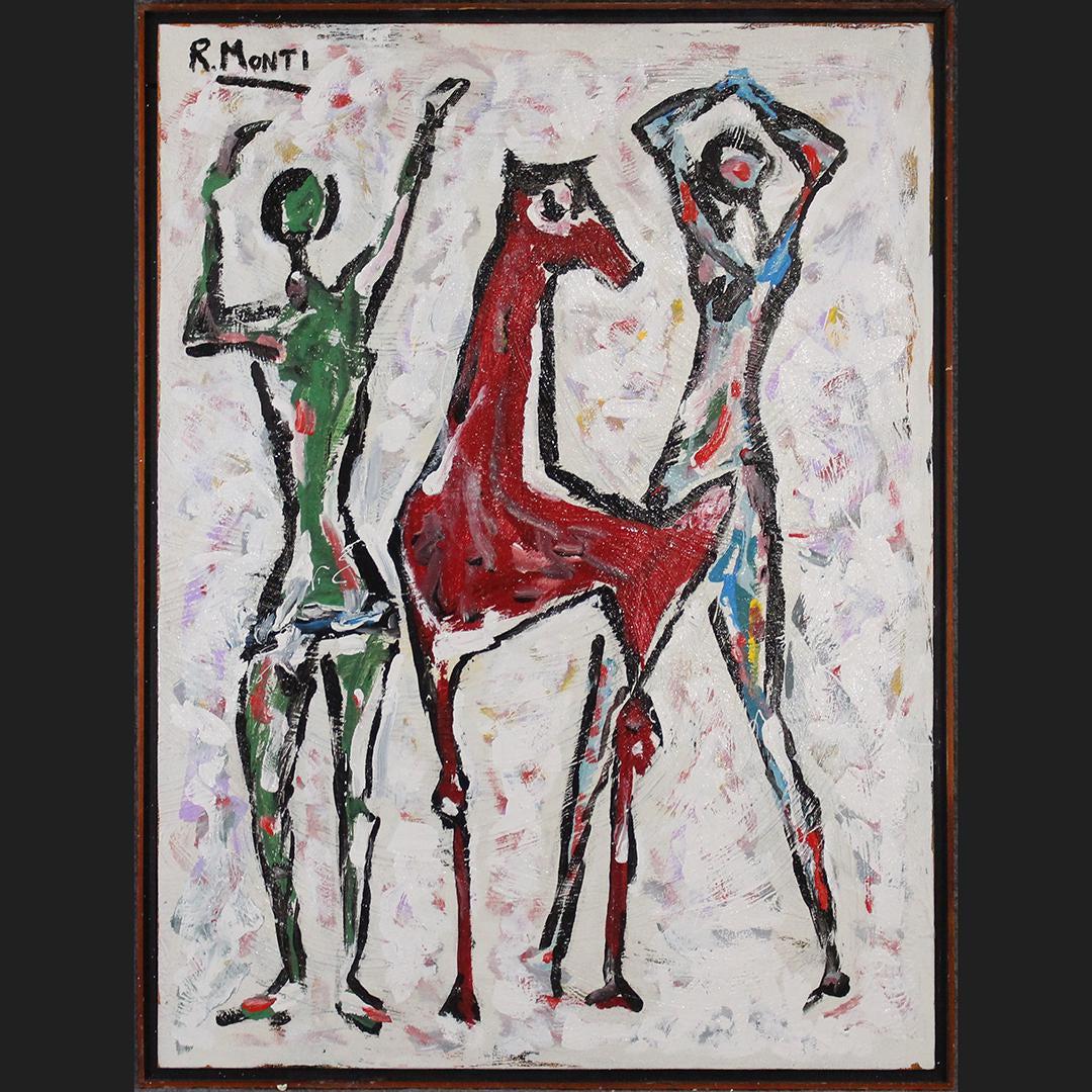 R Monti, Mid-Century Two Figures and Red Horse Oil/c (1 of 7)