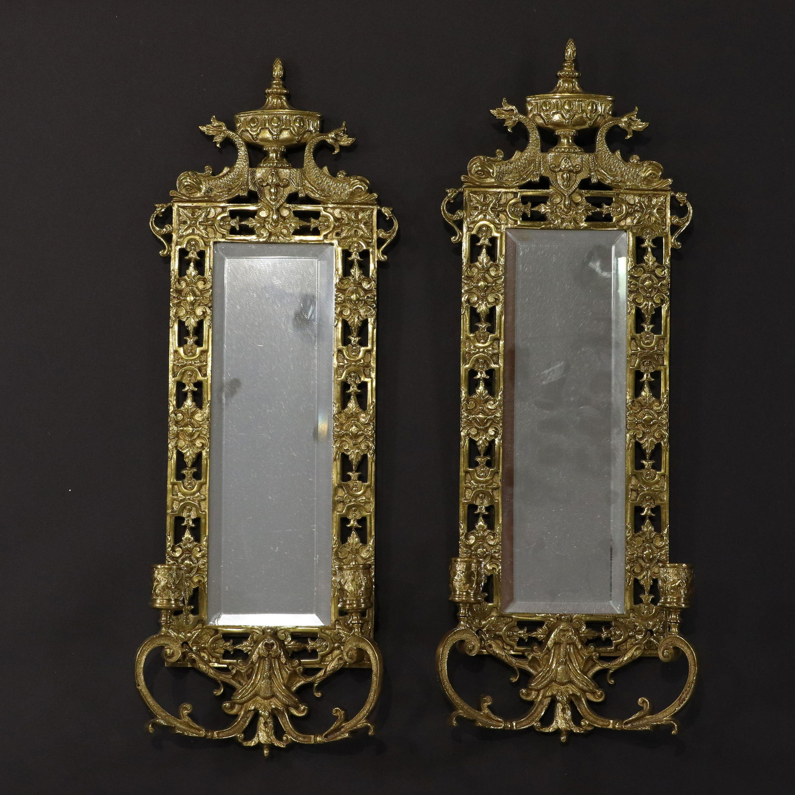 Pair Ornate Fancy Brass Mirrored Wall Sconces (1 of 6)