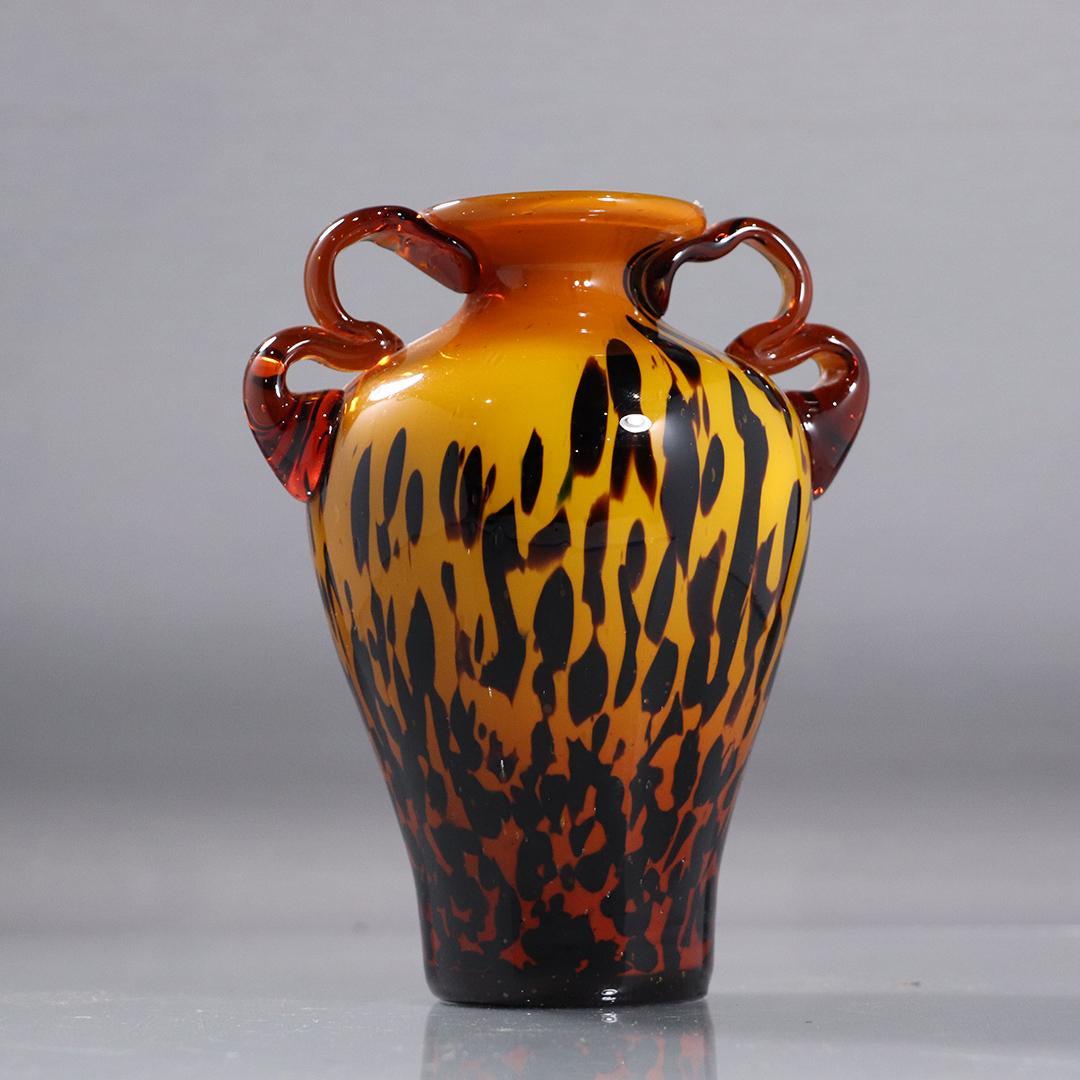 Mid-Century Czech Case Glass Vase Applied Amber Handles: Mid-Century Czech Case Glass Vase Applied Amber Handles. size: 7h x 5.5w