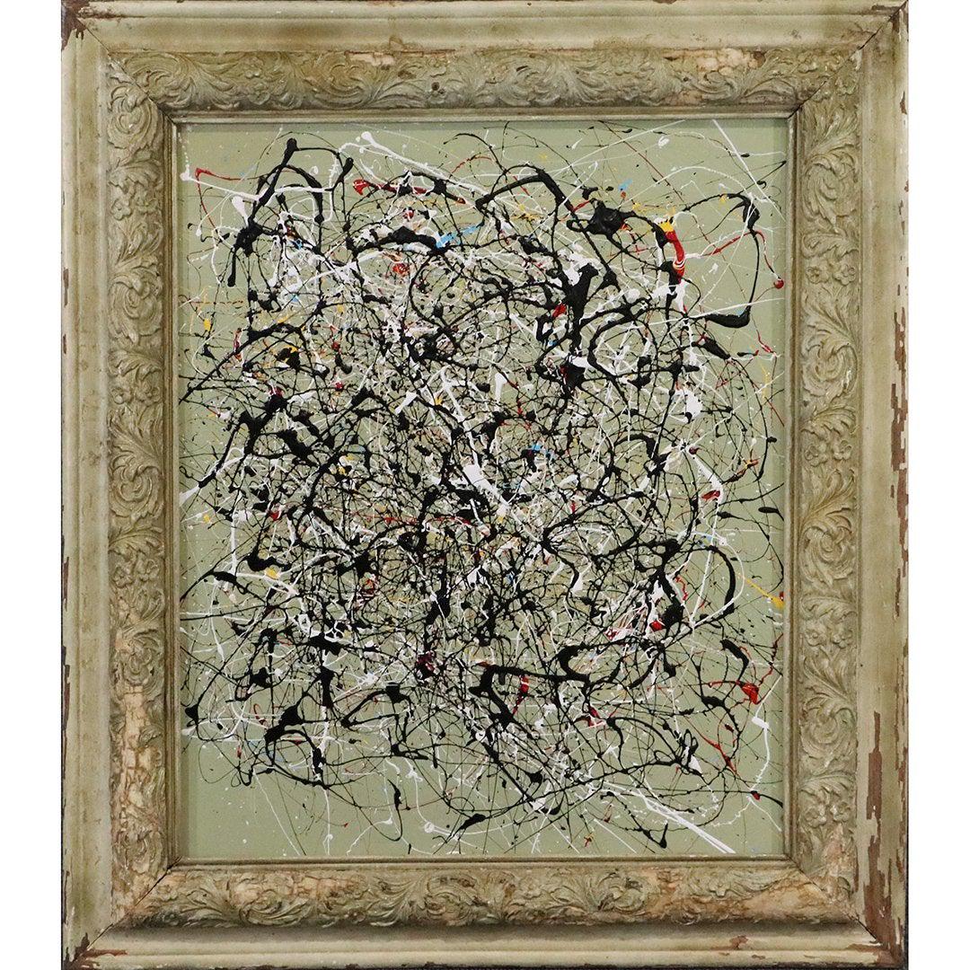 Pulgini after Jackson Pollock Mid-Century Drip Art O/b: Pulgini after Jackson Pollock Mid-Century Drip Art O/b. Oil on board painting, framed, Signed on verso. Nice quality. Size: 21 in. x 24 in.; outer frame 31 in. x 37 in. ; Popular Philadelphia Area Art
