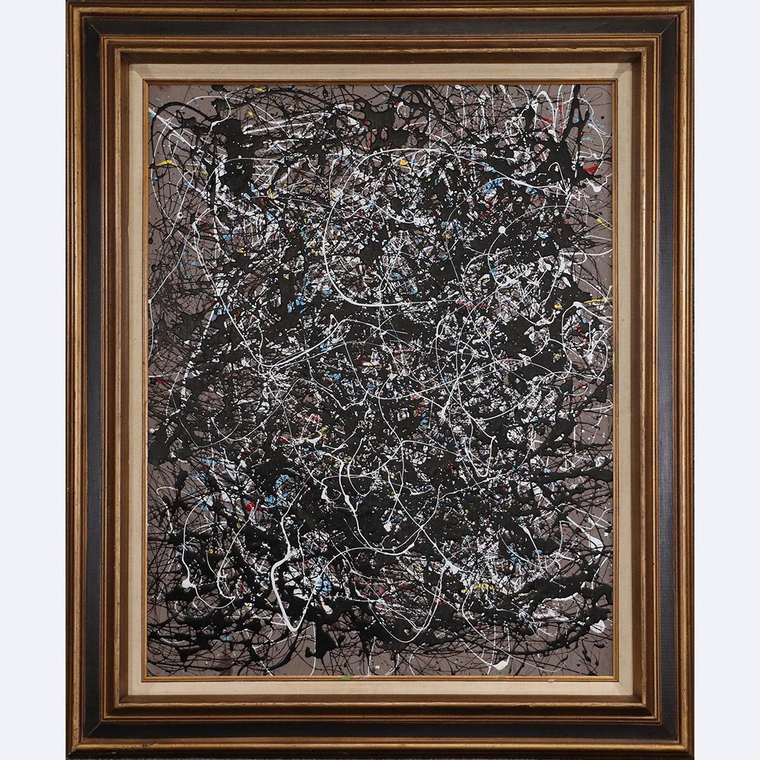 Pulgini after Jackson Pollock Mid-Century Drip Art O/b: Pulgini after Jackson Pollock Mid-Century Drip Art O/b. Oil on board painting, Signed on verso, Framed. Nice quality painting. Popular Philadelphia area artist. size: 30x24 image, 38x32 outside frame