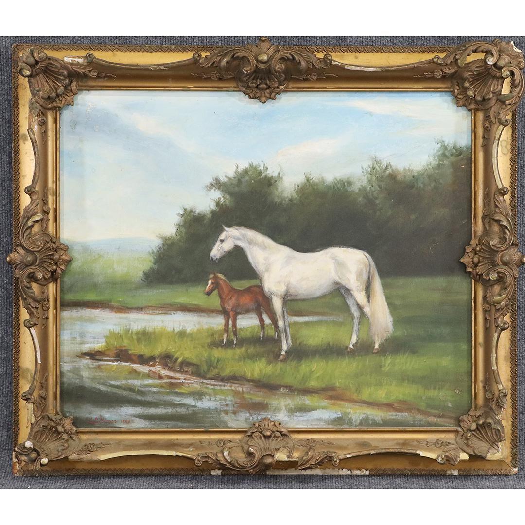 C S Herman 1926, Equestrian Oil Painting Horses Stream (1 of 7)