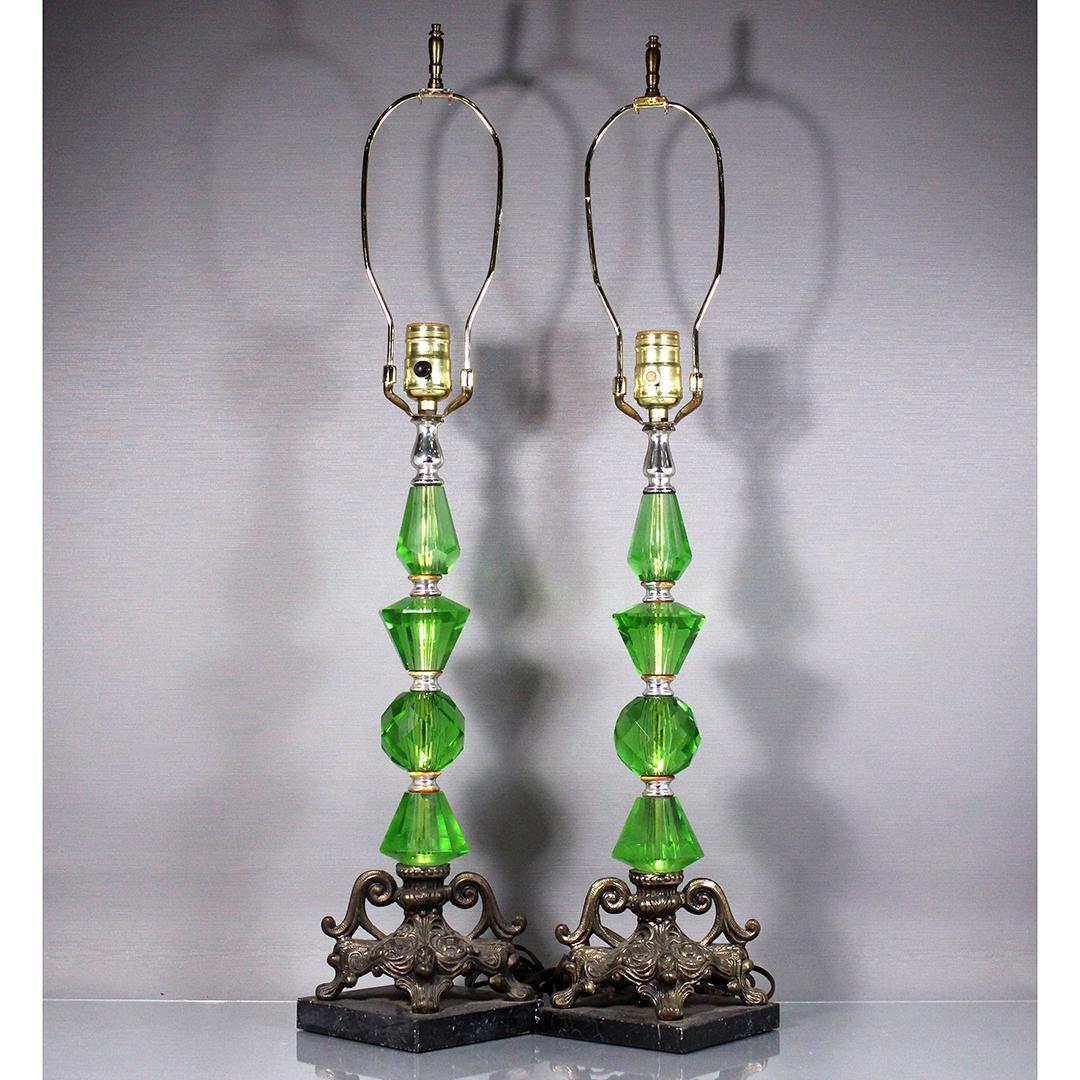 Pair Green Hollywood Regency Table Lamps Marble Bases (1 of 7)