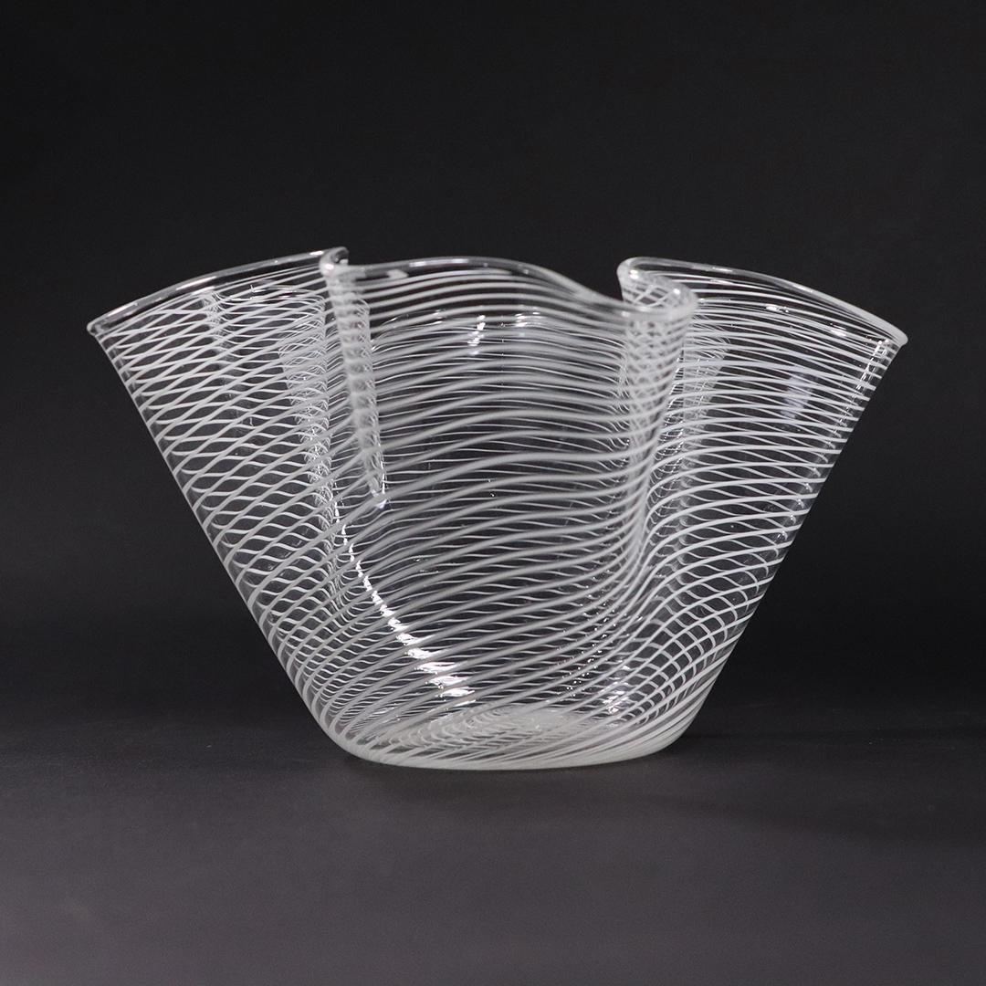 Italian Latticino Clear & White Glass Handkerchief Bowl: Italian Latticino Clear & White Glass Handkerchief Bowl. Mid-Century Modern. size: 4.75h x 7.75w