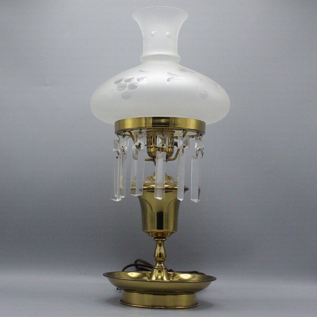 Brass Hurricane Lamp with Satin Glass Cut Shade (1 of 13)