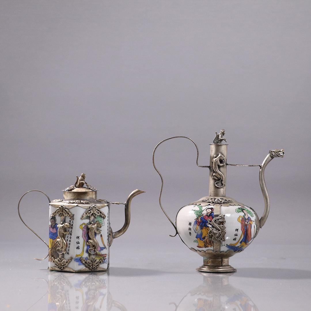 2 Very Ornate Chinese Silver, Scenic Porcelain Tea Pots (1 of 11)