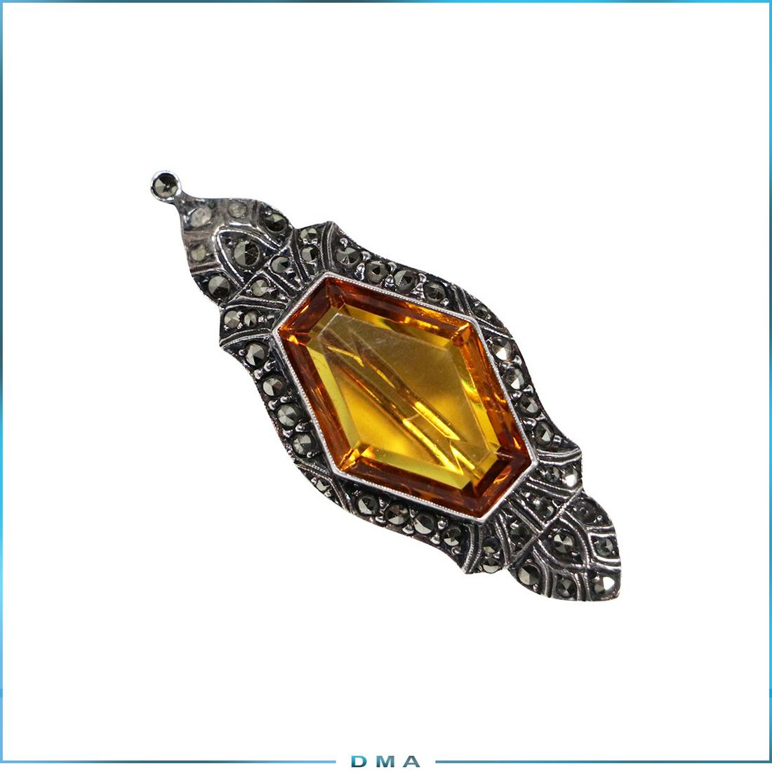 Sterling Silver Germany Amber and Marcasites Brooch: Sterling Silver Germany Amber and Marcasites Brooch. size: 2 1/8 in. x 7/8 in.